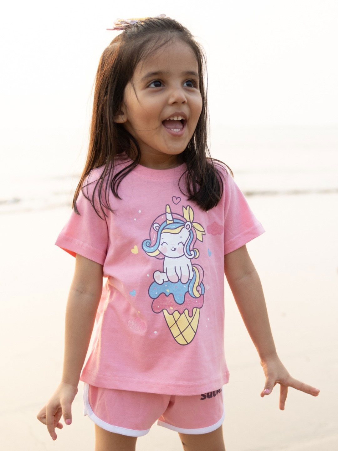 

Nap Chief Girls Unicorn Printed Pure Cotton T-shirt with Shorts, Pink