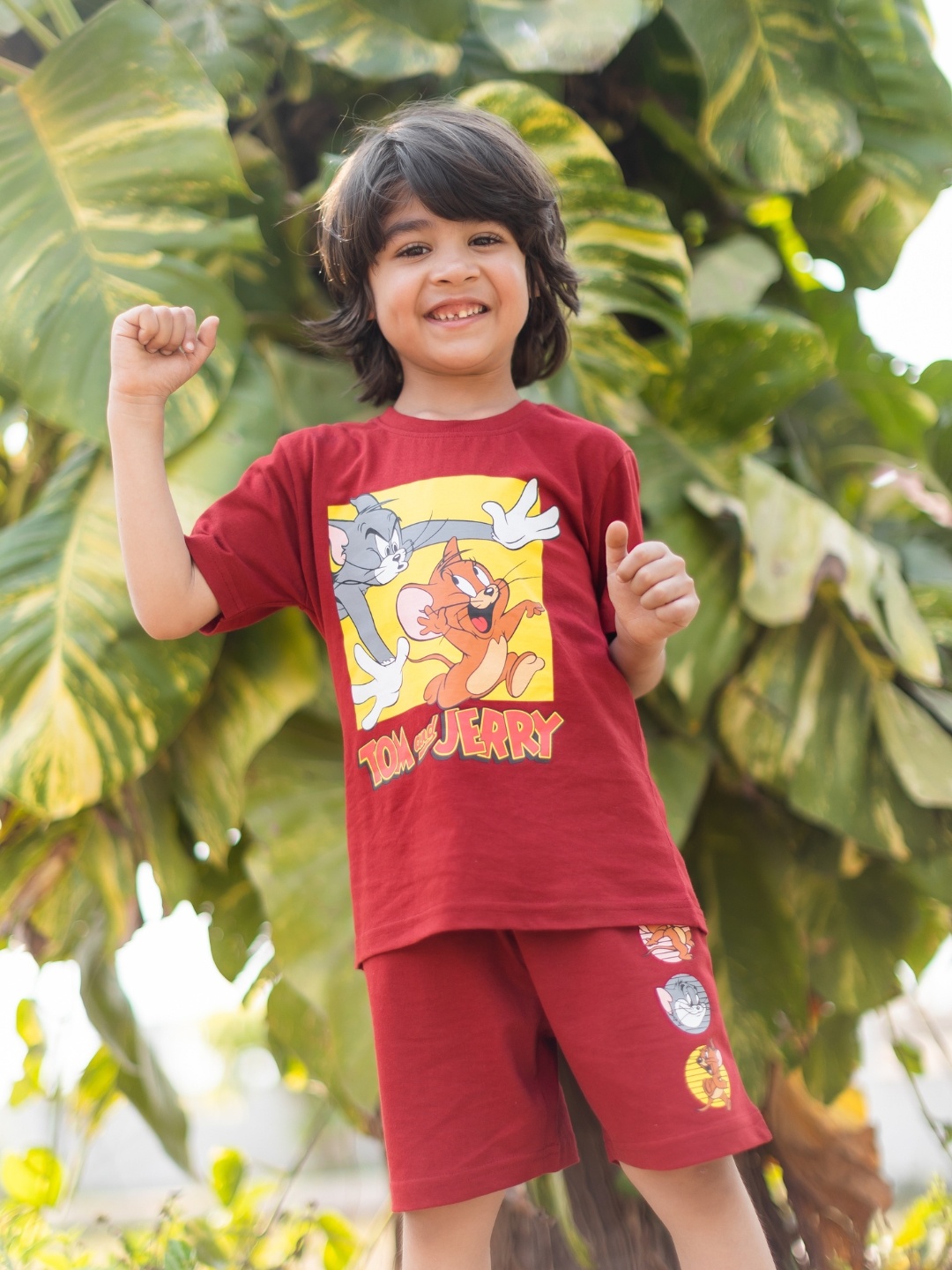 

Nap Chief Kids Graphic Tom & Jerry Printed Pure Cotton T-shirt with Shorts, Maroon