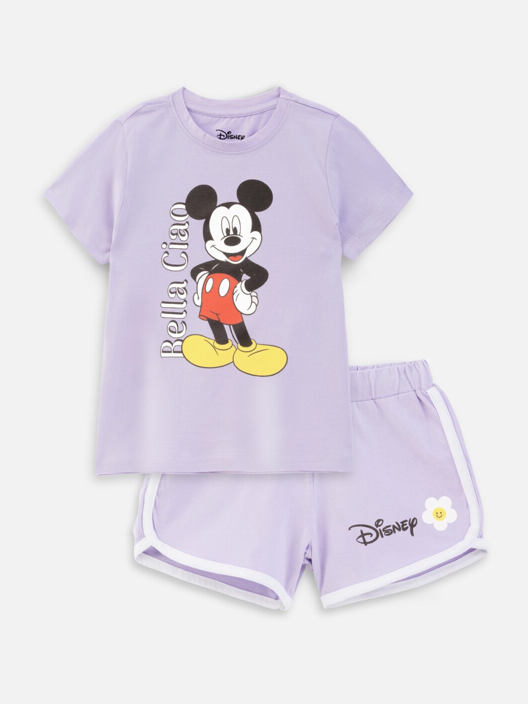 

Nap Chief Girls Graphic Mickey Mouse Printed Pure Cotton T-shirt with Shorts, Lavender