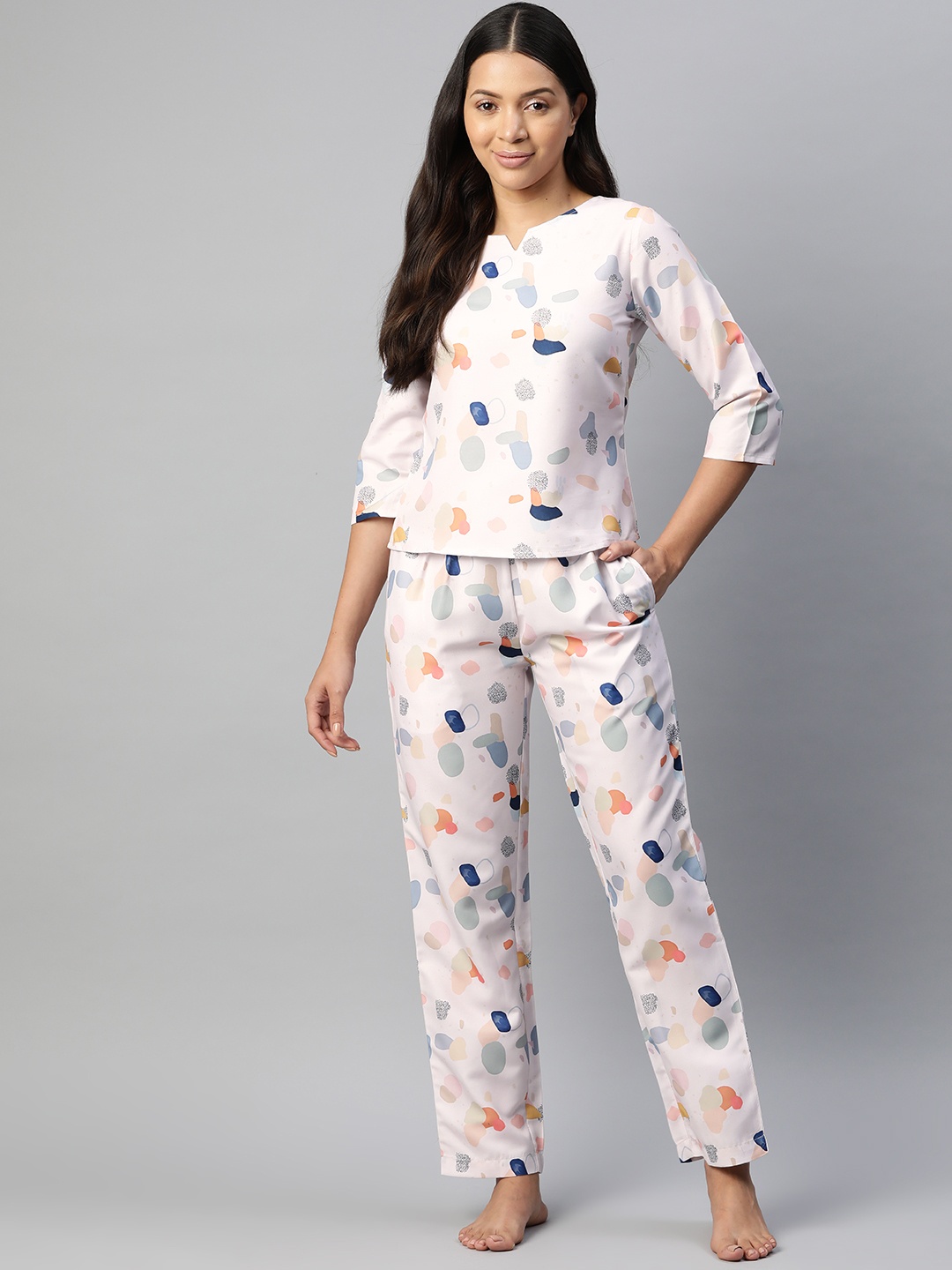 

Popnetic Abstract Printed Night suit, White