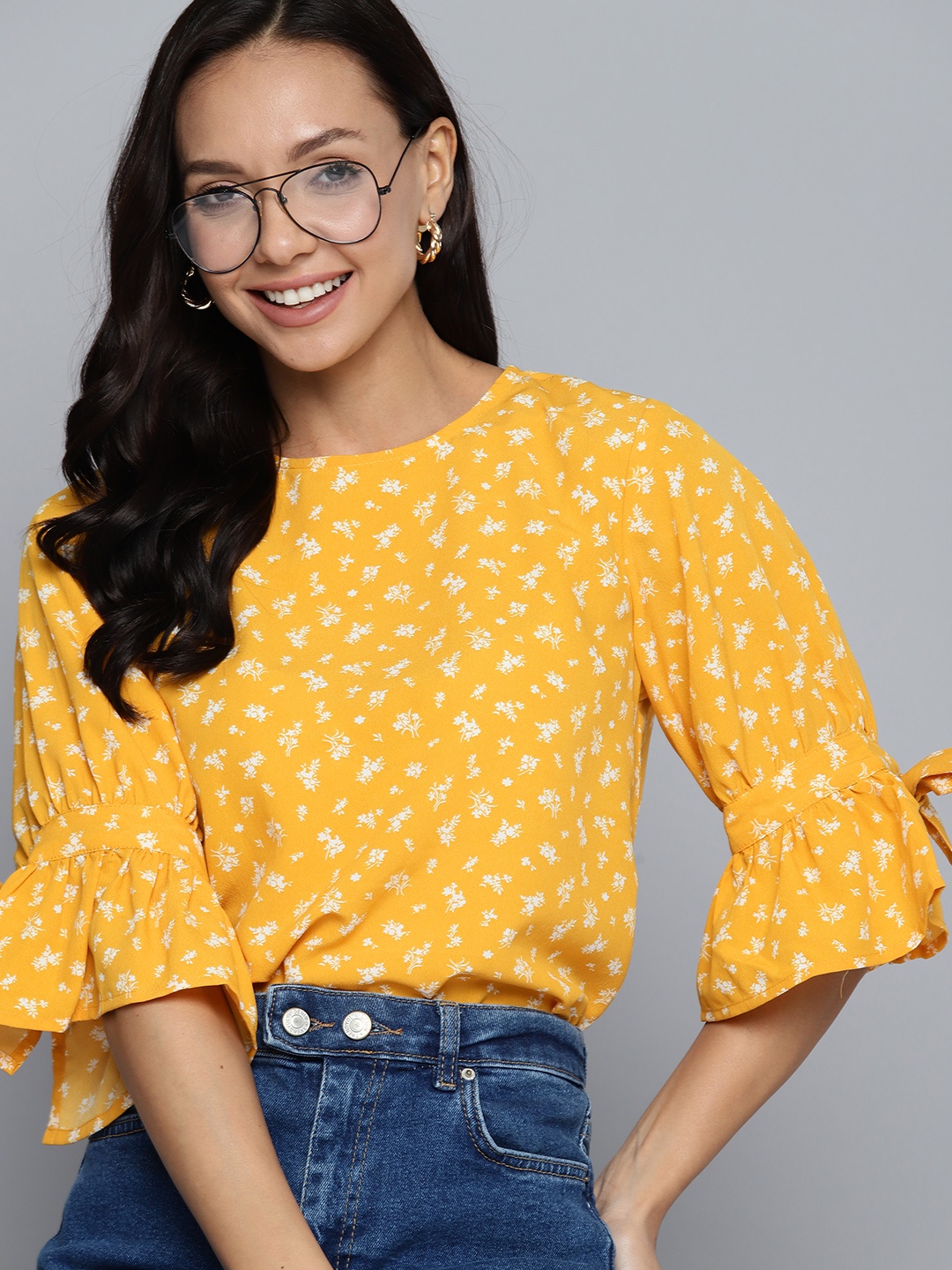 

Mast & Harbour Floral Print Bell Sleeves Crepe Top, Yellow