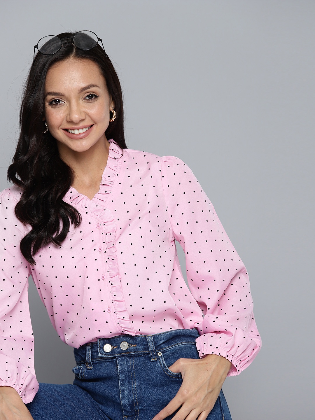 

Mast & Harbour Polka Dot Print Puff Sleeves Ruffles Crepe Top, Pink