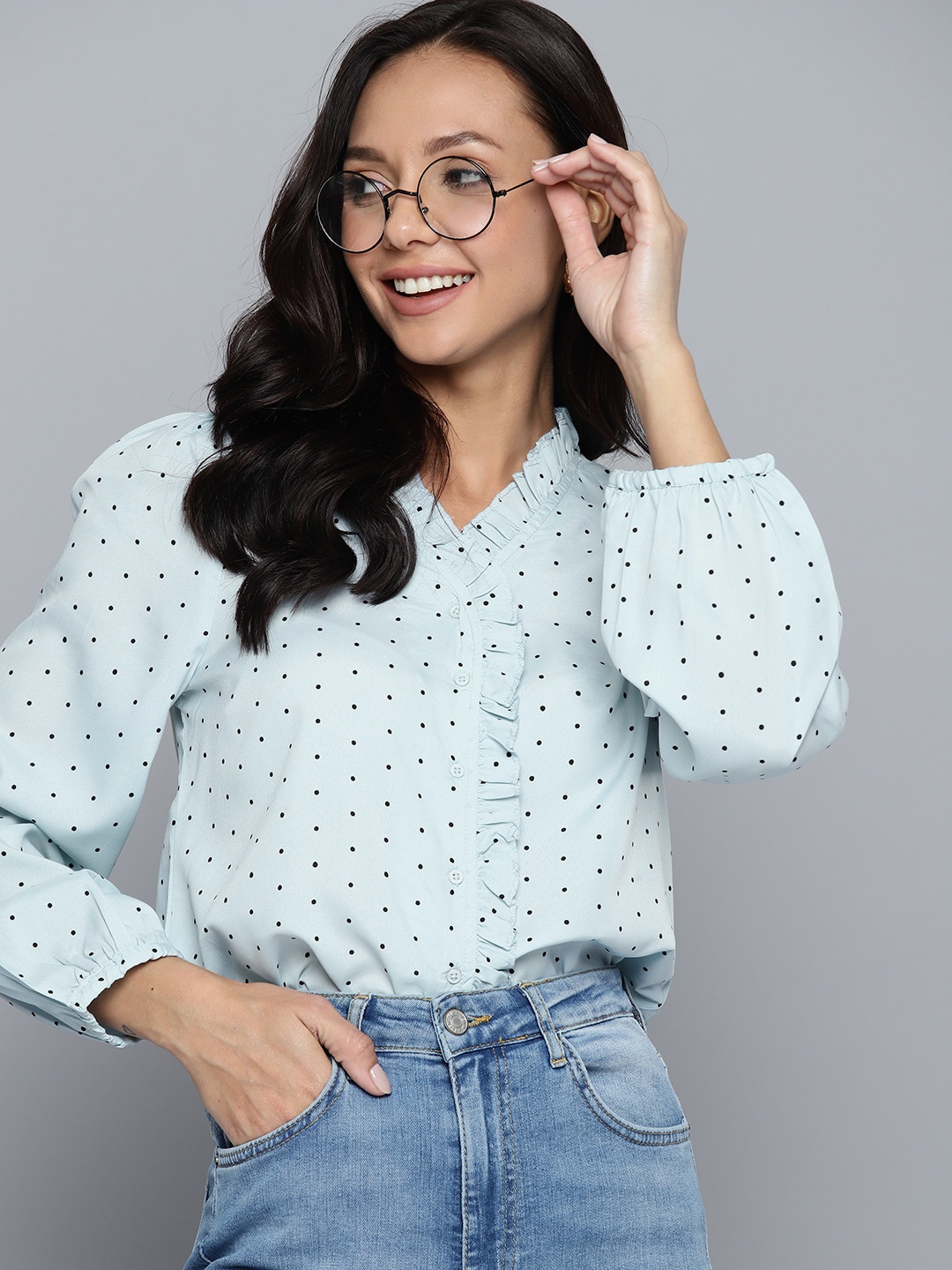 

Mast & Harbour Polka Dot Print Bishop Sleeves Ruffles Crepe Shirt Style Top, Blue