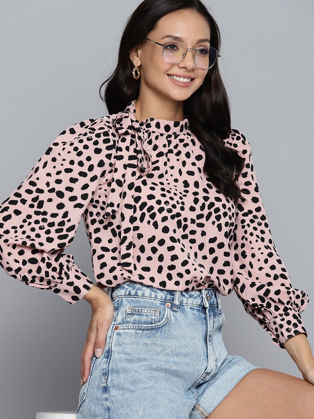 

Mast & Harbour Abstract Print Mandarin Collar Crepe Top, Pink