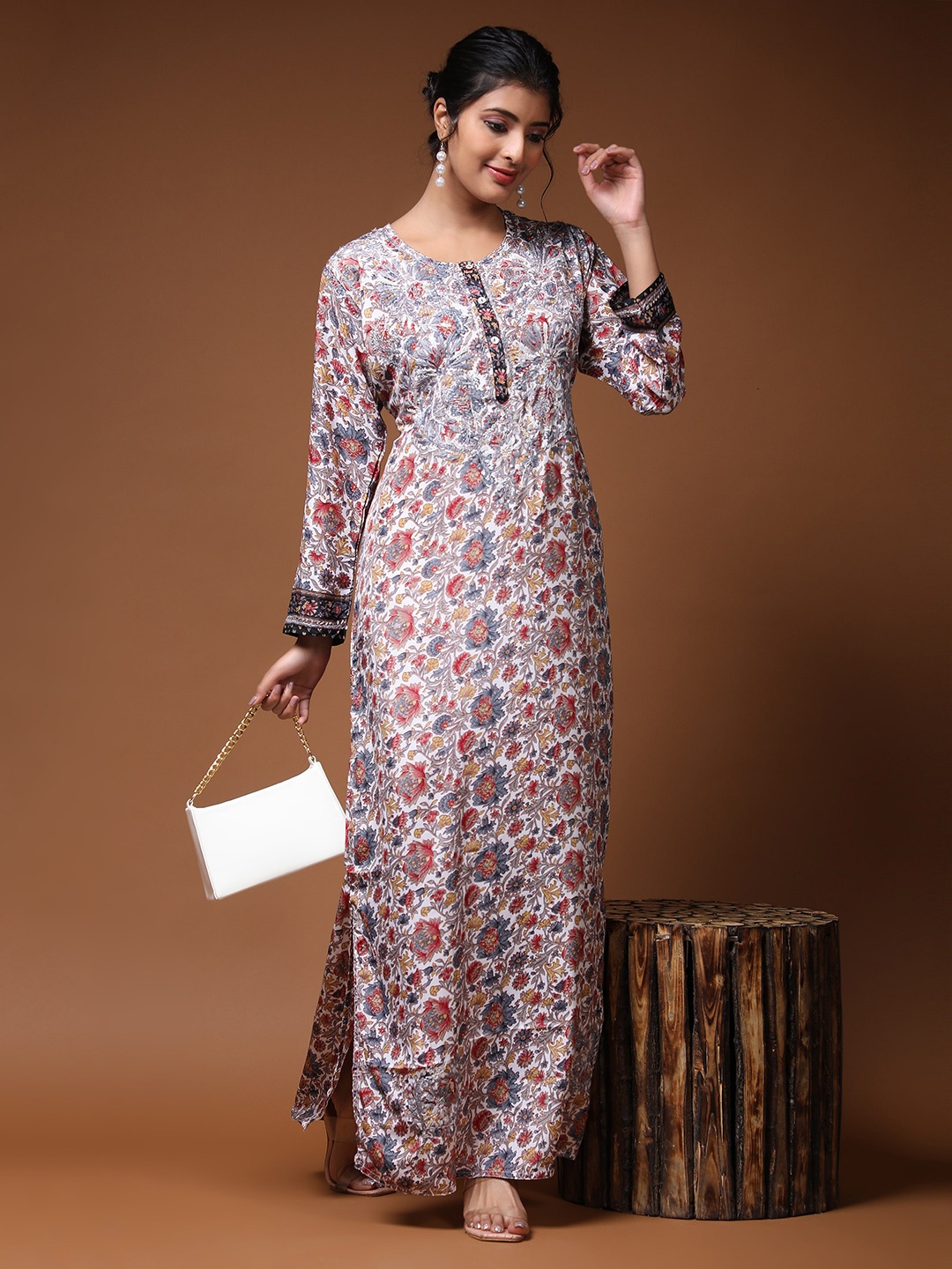 

HOUSE OF KARI Floral Printed Embroidered A-Line Maxi Dress, White