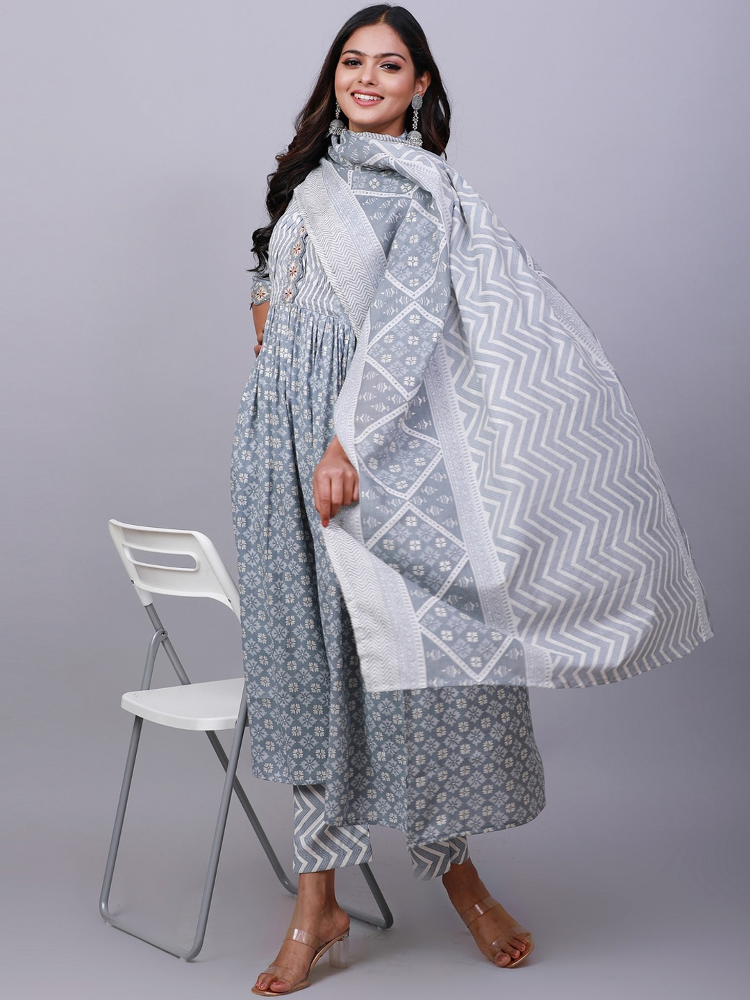 

NAYRA Ethnic Motifs Printed A-Line Kurta With Trousers & Dupatta, Grey