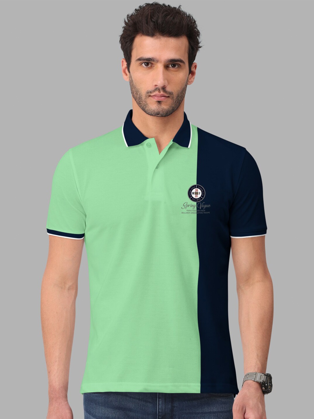

BULLMER Colourblocked Polo Collar Cotton T-shirt, Green