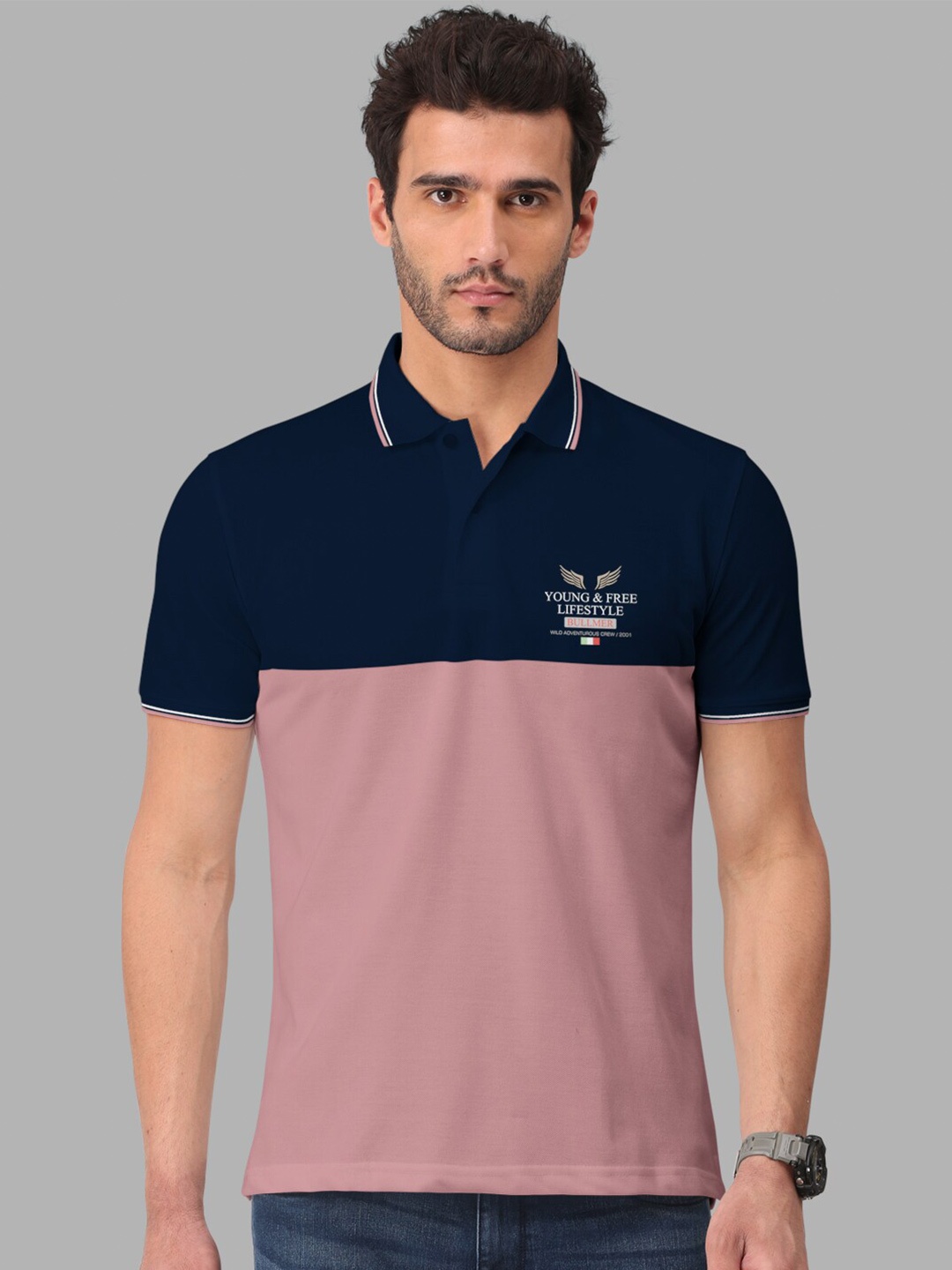 

BULLMER Colourblocked Polo Collar Cotton T-shirt, Navy blue