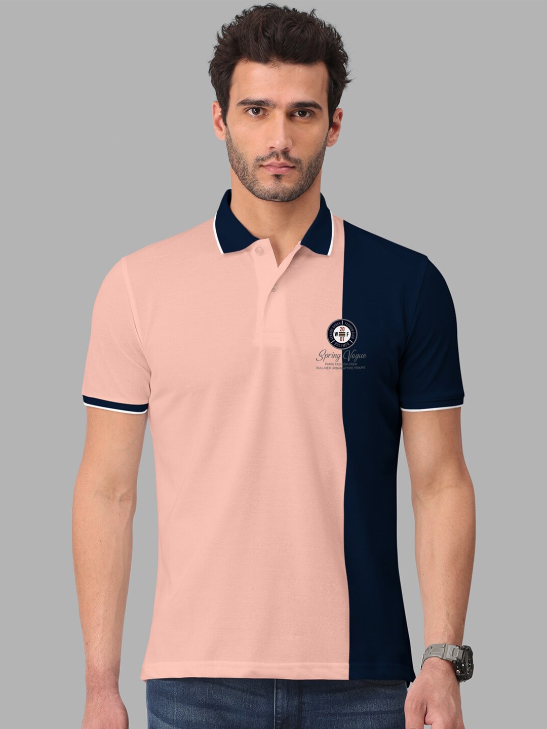 

BULLMER Colourblocked Polo Collar Cotton T-shirt, Peach