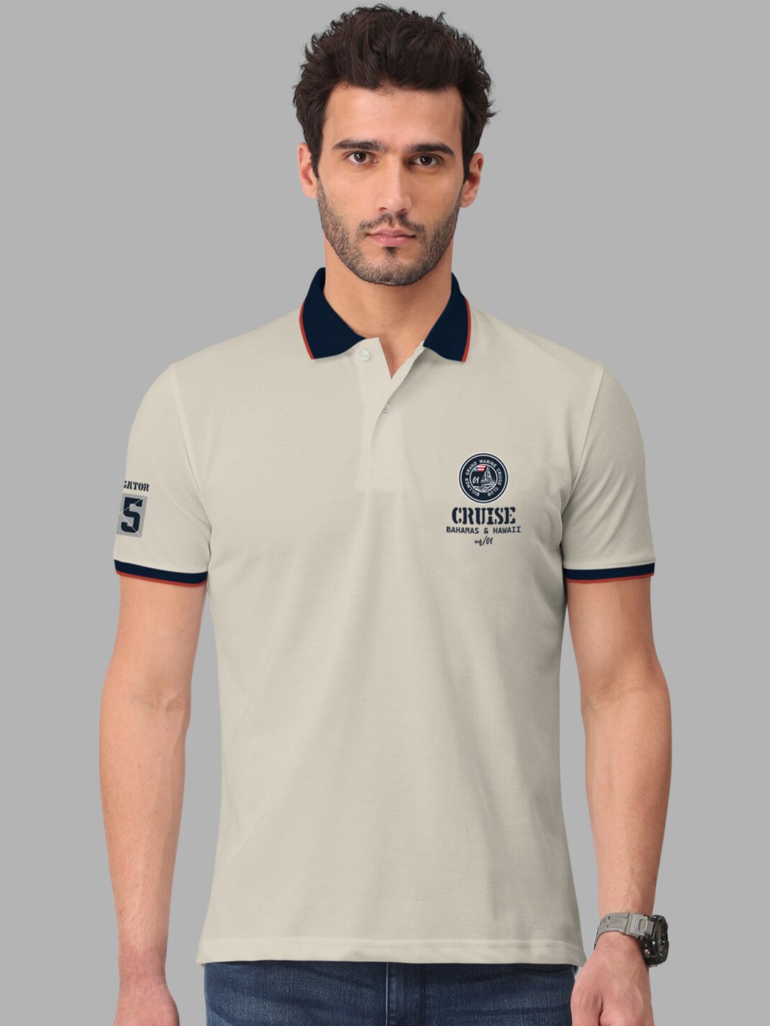 

BULLMER Men Polo Collar Cotton T-shirt, Beige