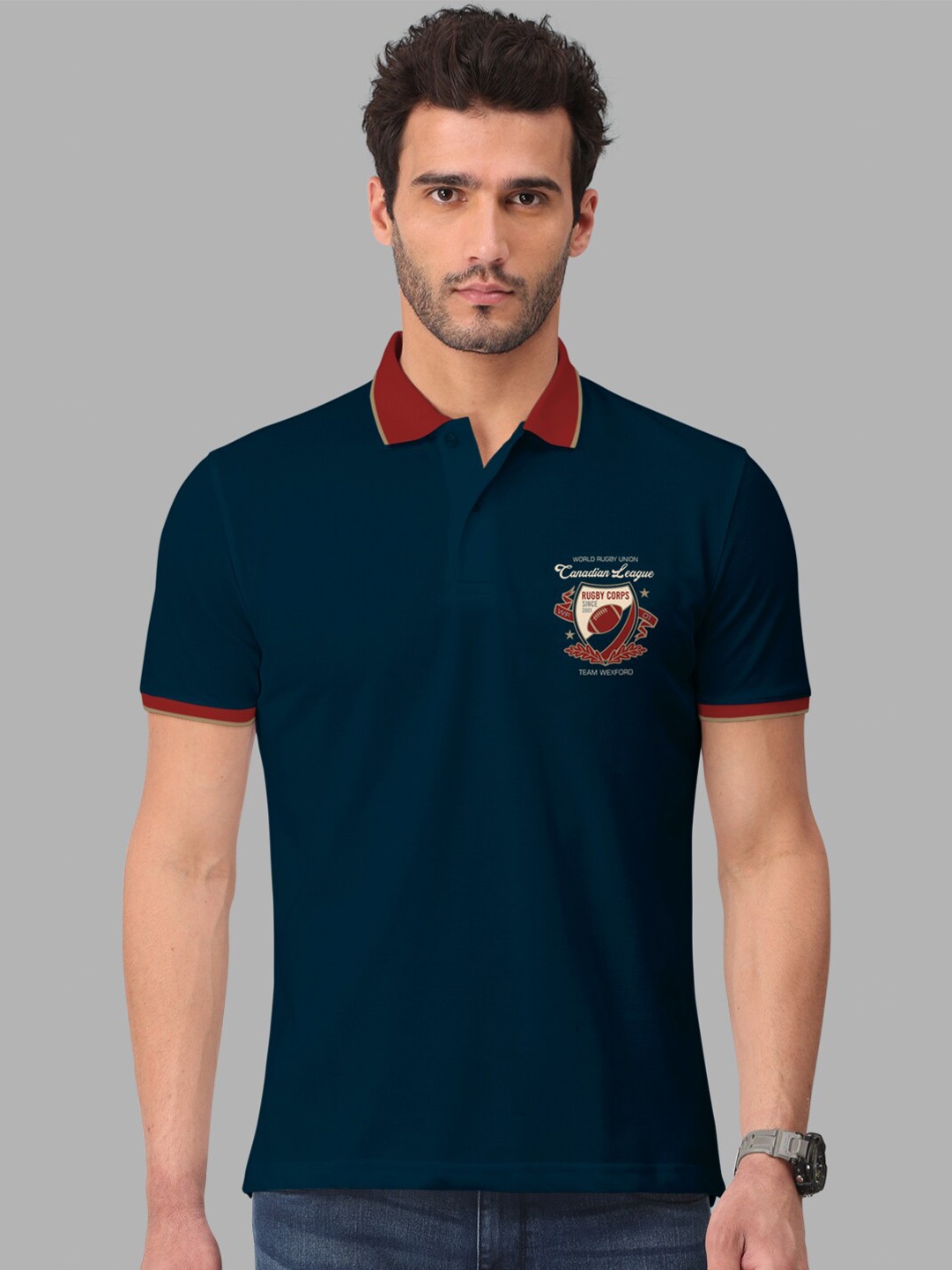 

BULLMER Polo Collar Short Sleeve Cotton T-shirt, Navy blue