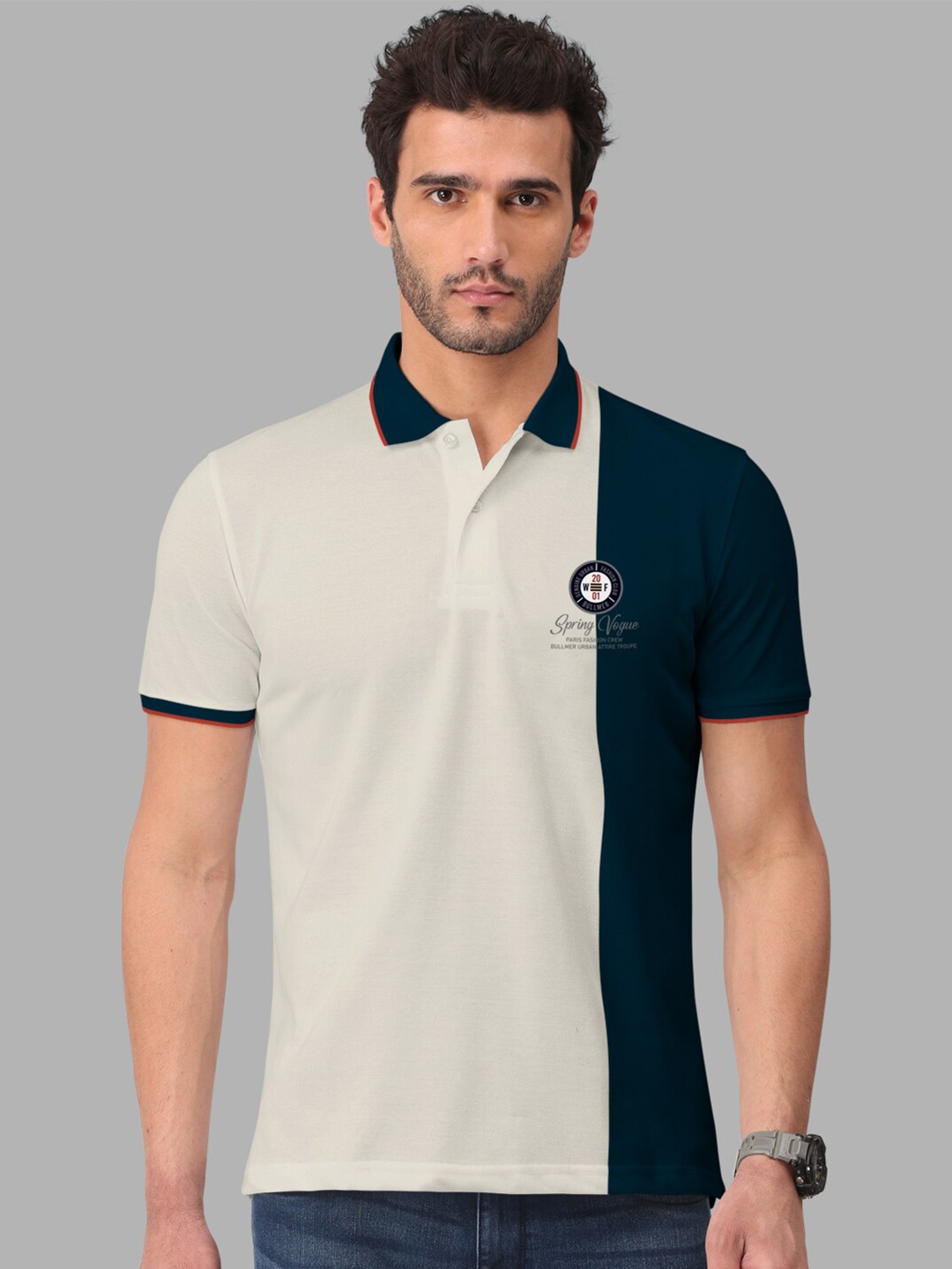 

BULLMER Colourblocked Polo Collar Cotton T-shirt, Beige