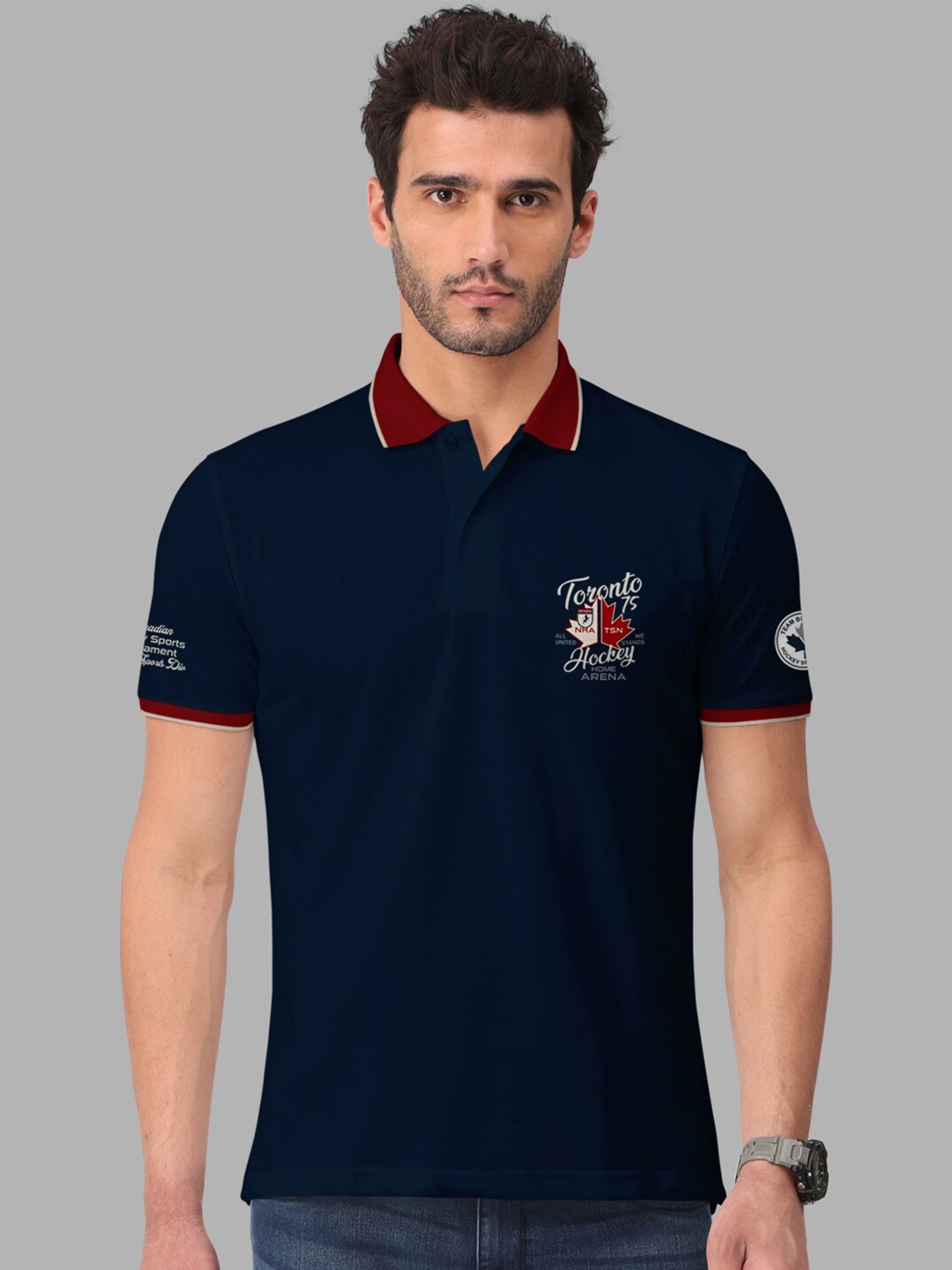

BULLMER Typography Printed Polo Collar Cotton T-shirt, Navy blue