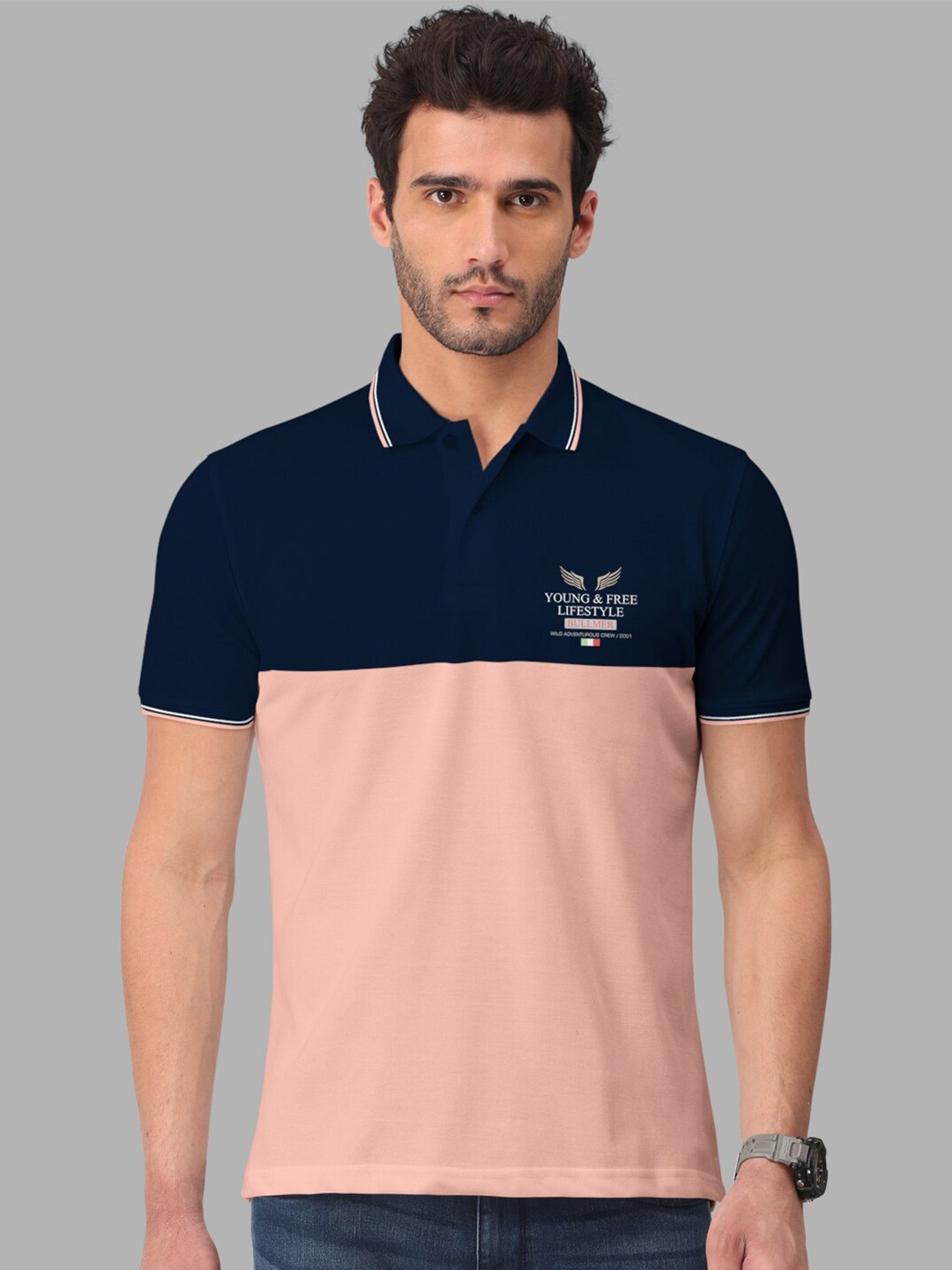 

BULLMER Colourblocked Polo Collar Cotton T-shirt, Peach