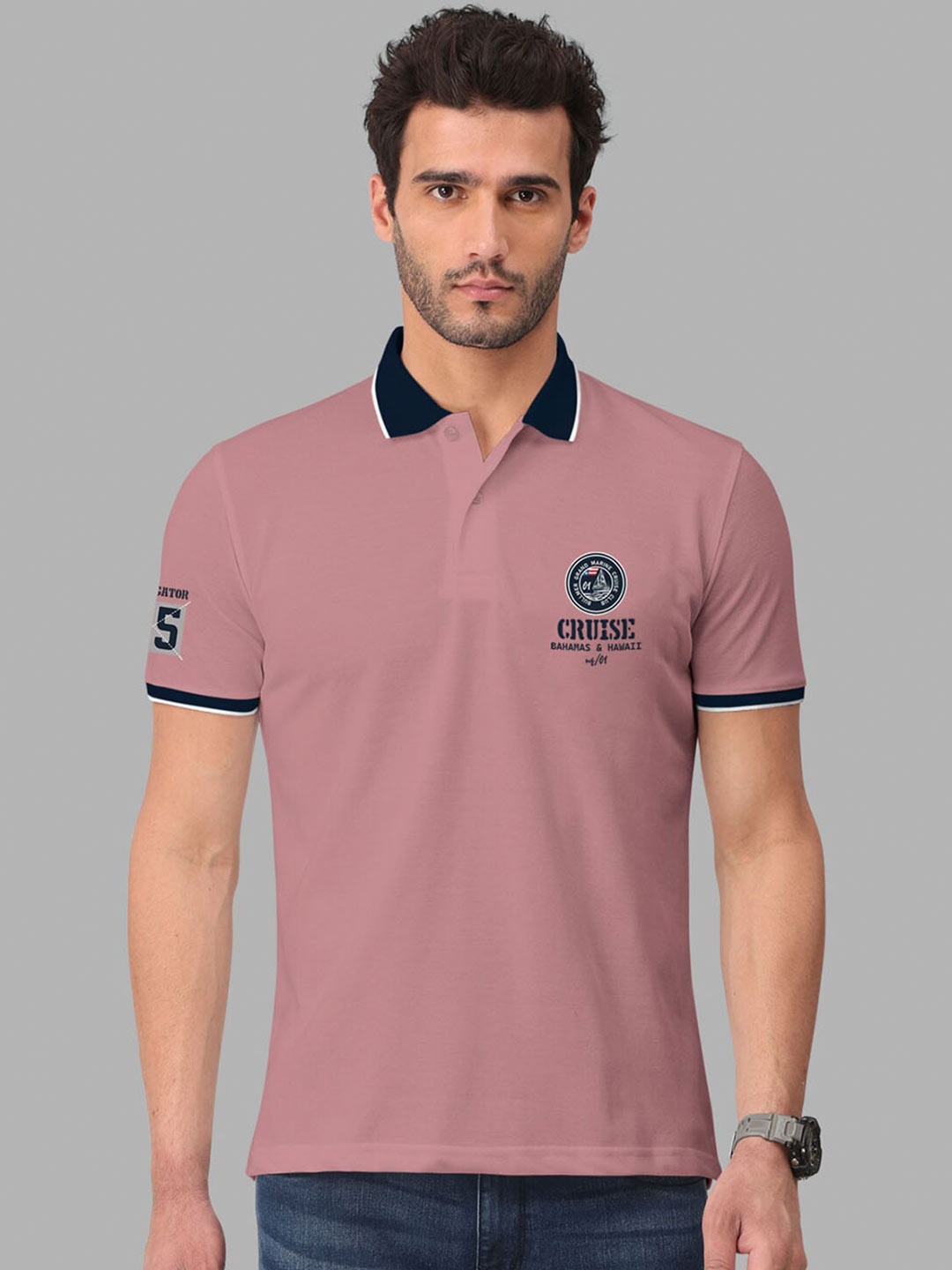 

BULLMER Polo Collar Short Sleeve Cotton T-shirt, Pink