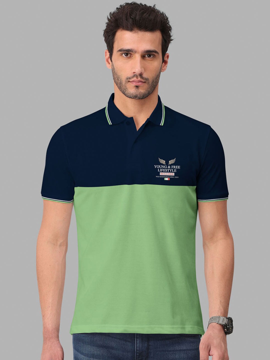 

BULLMER Colourblocked Polo Collar Cotton T-shirt, Navy blue