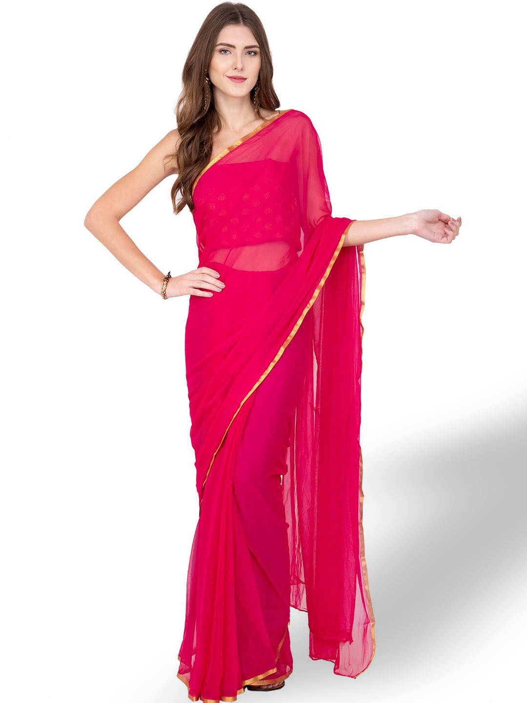 

CLAFOUTIS Pink & Gold-Toned Pure Chiffon Saree