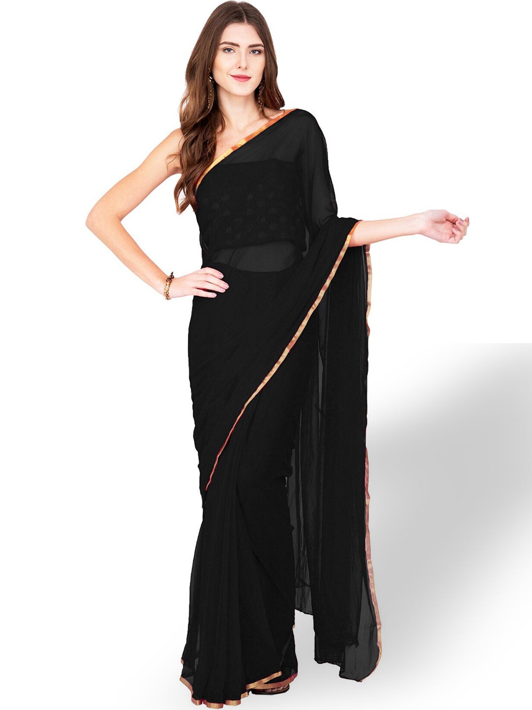 

CLAFOUTIS Zari Bordered Pure Chiffon Saree, Black