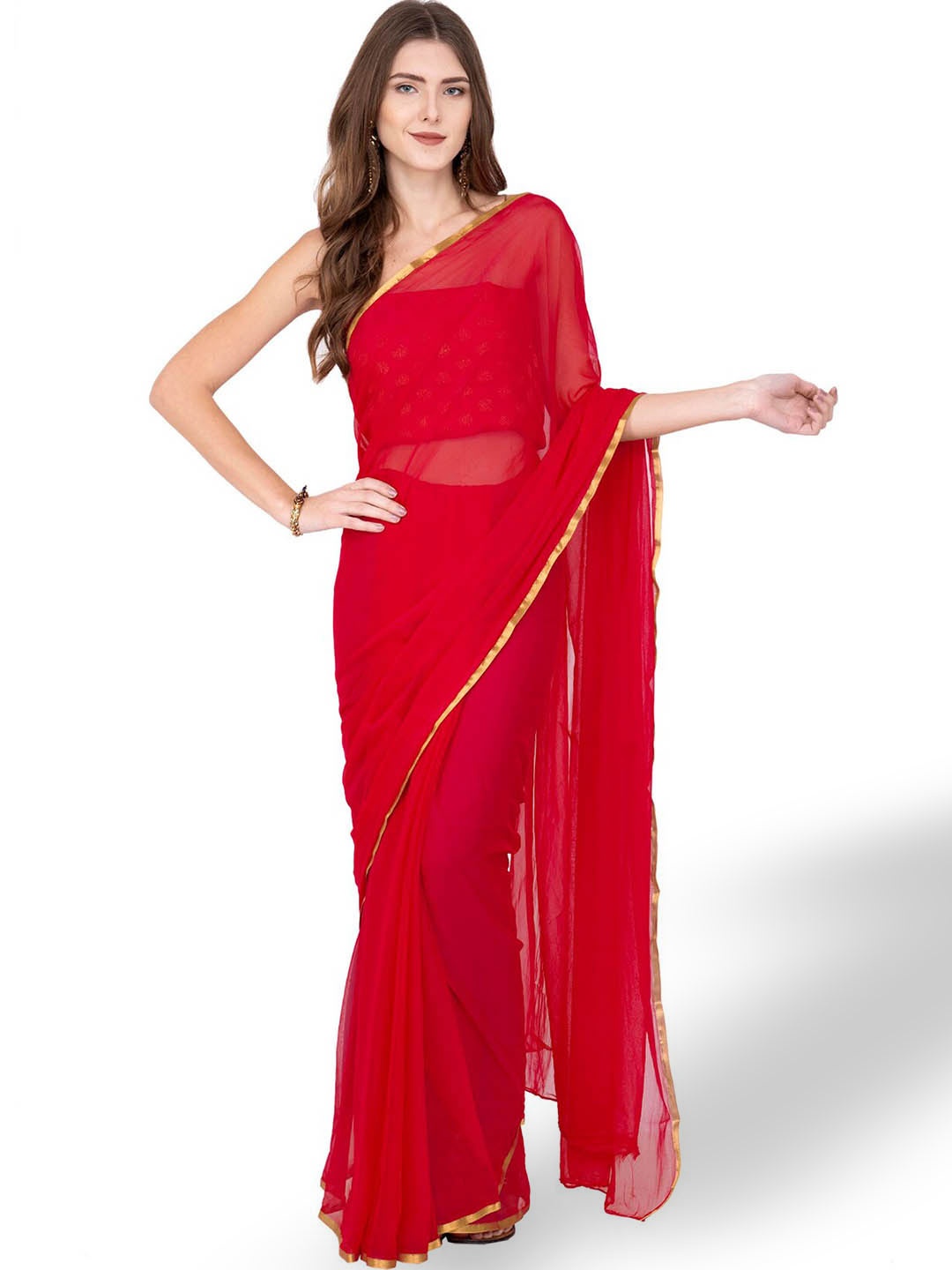 

CLAFOUTIS Red & Gold-Toned Zari Pure Chiffon Saree