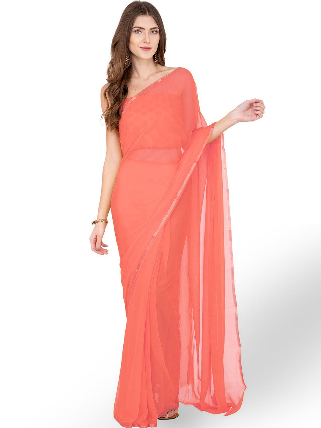 

CLAFOUTIS Peach-Coloured & Gold-Toned Zari Pure Chiffon Saree