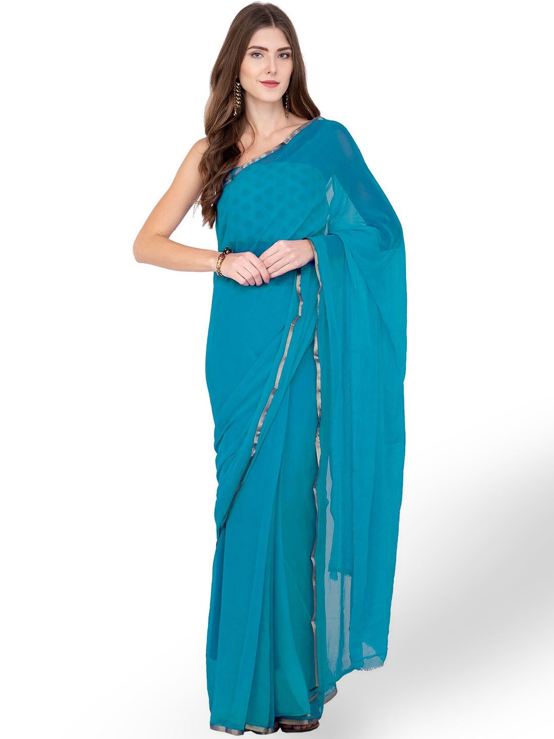 

CLAFOUTIS Zari Pure Chiffon Saree, Turquoise blue