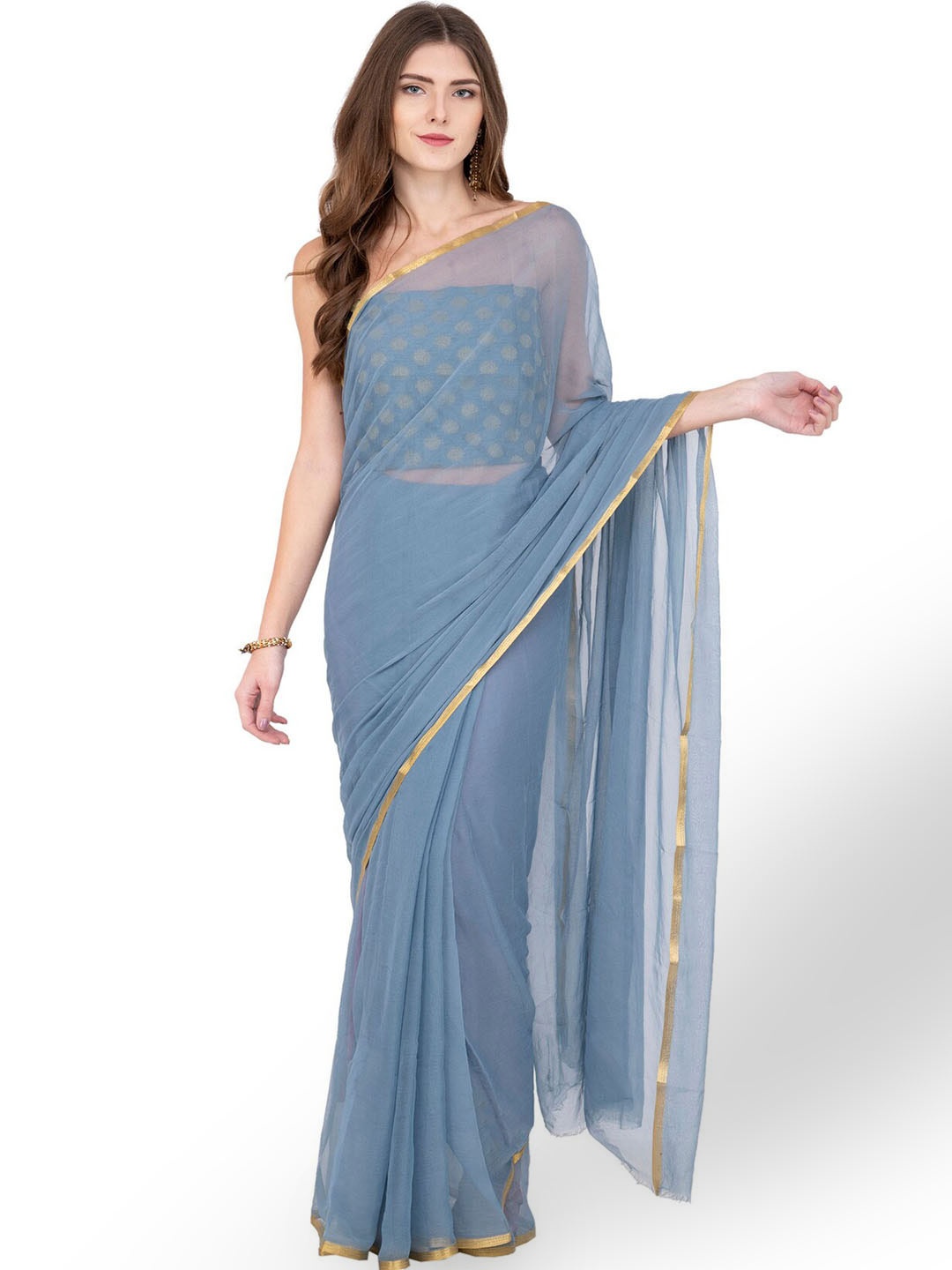 

CLAFOUTIS Grey & Gold-Toned Zari Pure Chiffon Saree