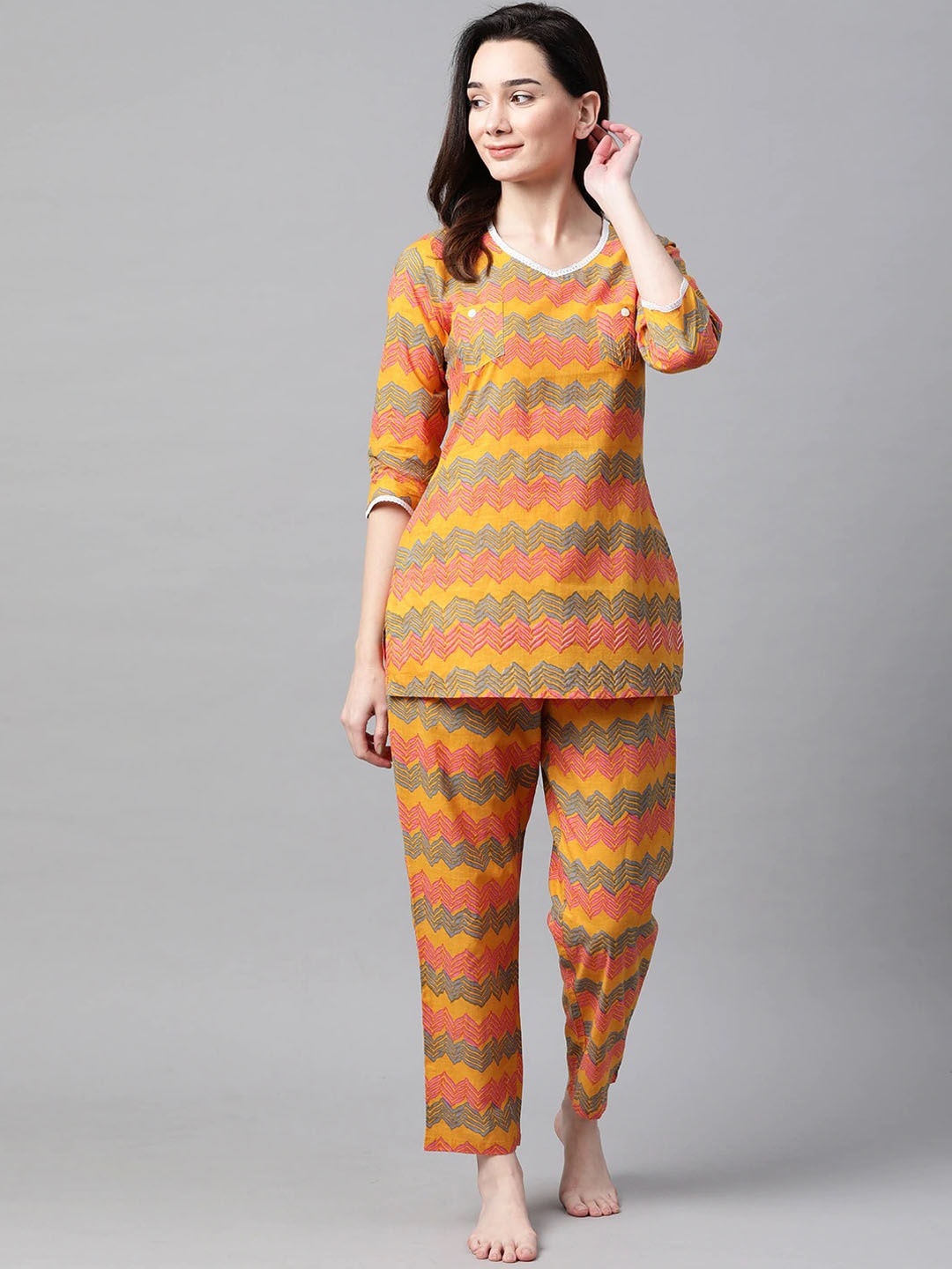 

Meeranshi Striped Pure Cotton Night Suit, Mustard