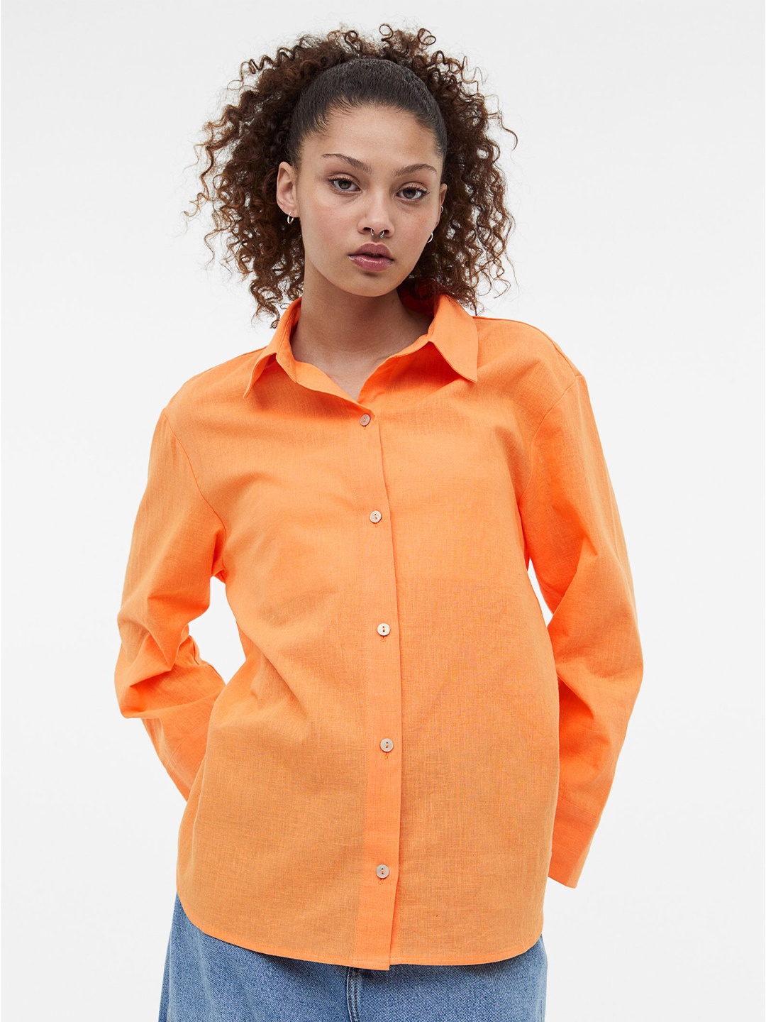 

H&M Solid Linen-blend Shirt, Orange