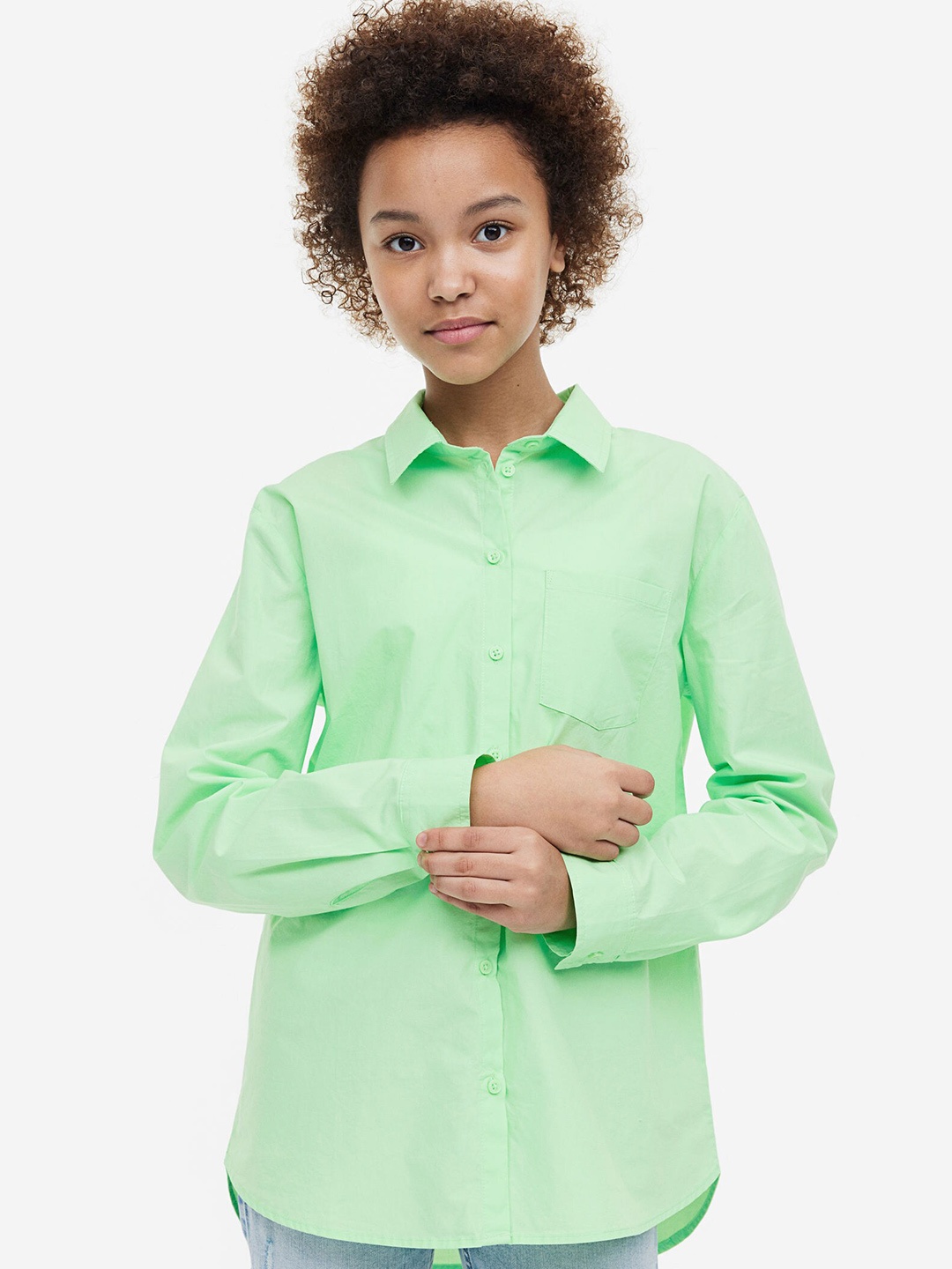 

H&M Girls Cotton Poplin Shirt, Green