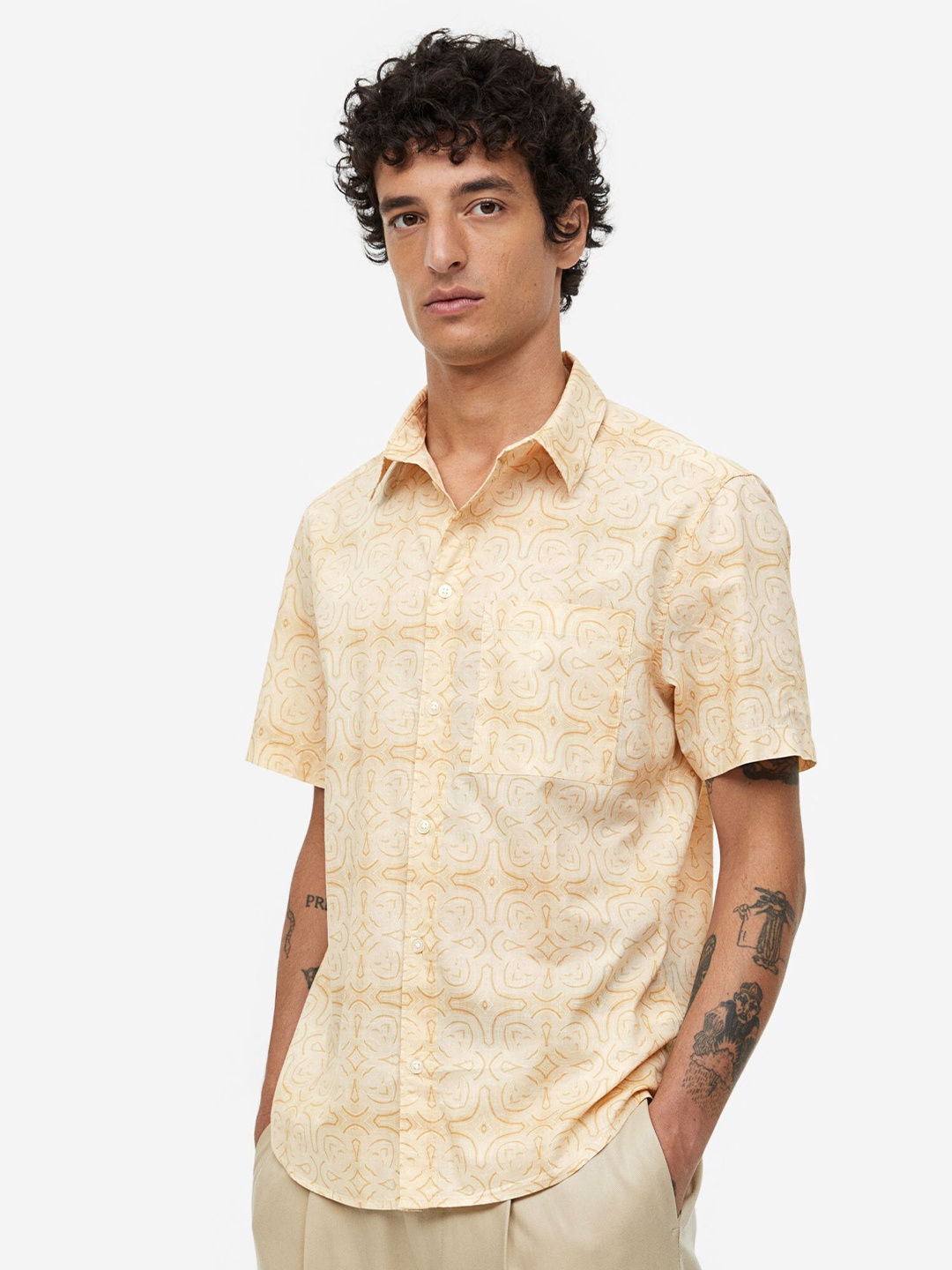 

H&M Printed Cotton Shirt Regular Fit, Beige