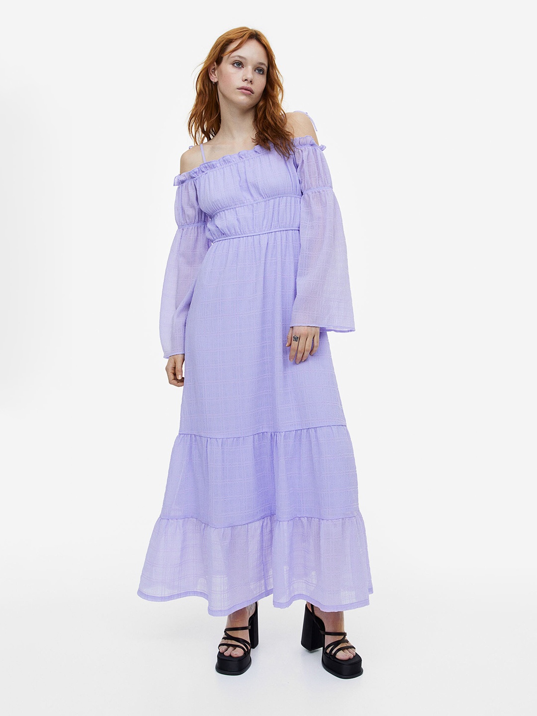 

H&M Off-the-shoulder Tiered Maxi Dress, Purple