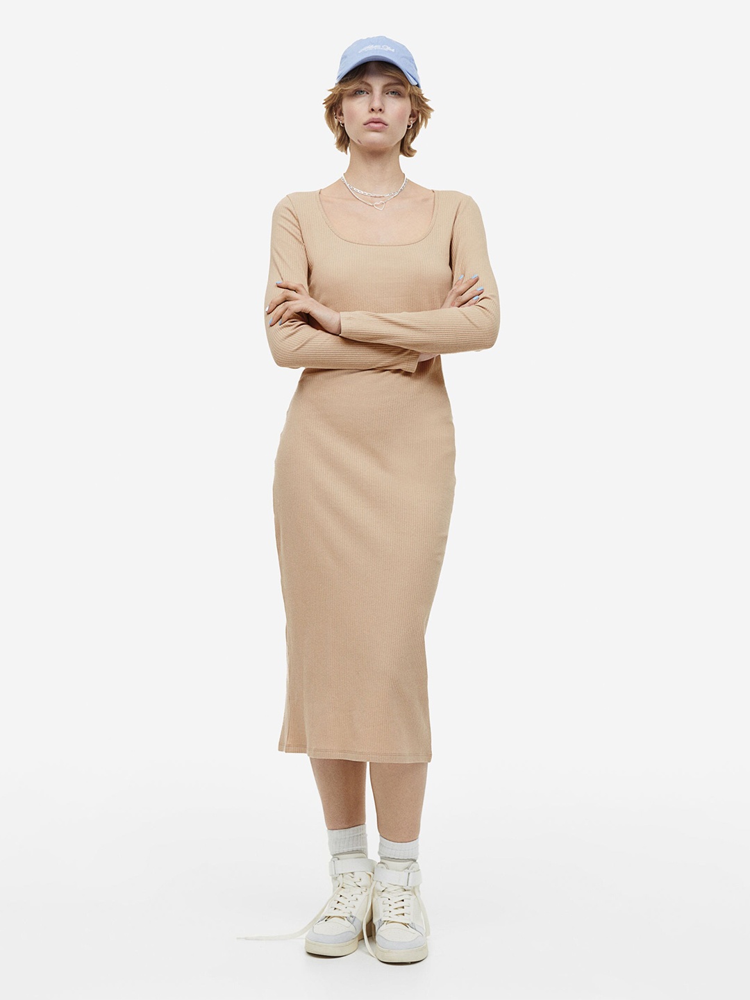 

H&M Ribbed Bodycon Dress, Beige