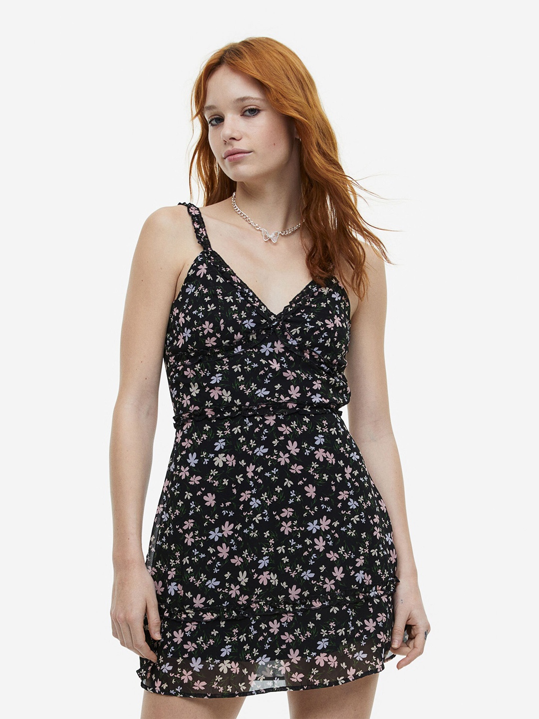 

H&M Frill-Trimmed Tie-Detail Dress, Black