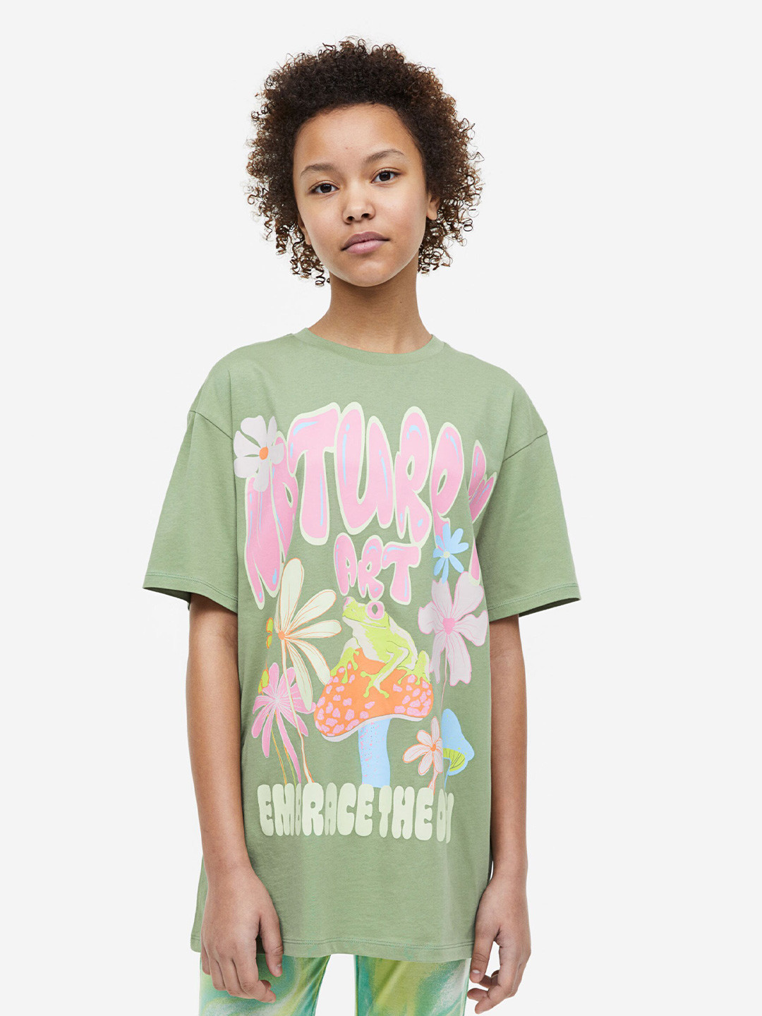 

H&M Printed Oversized Cotton T-shirt, Green