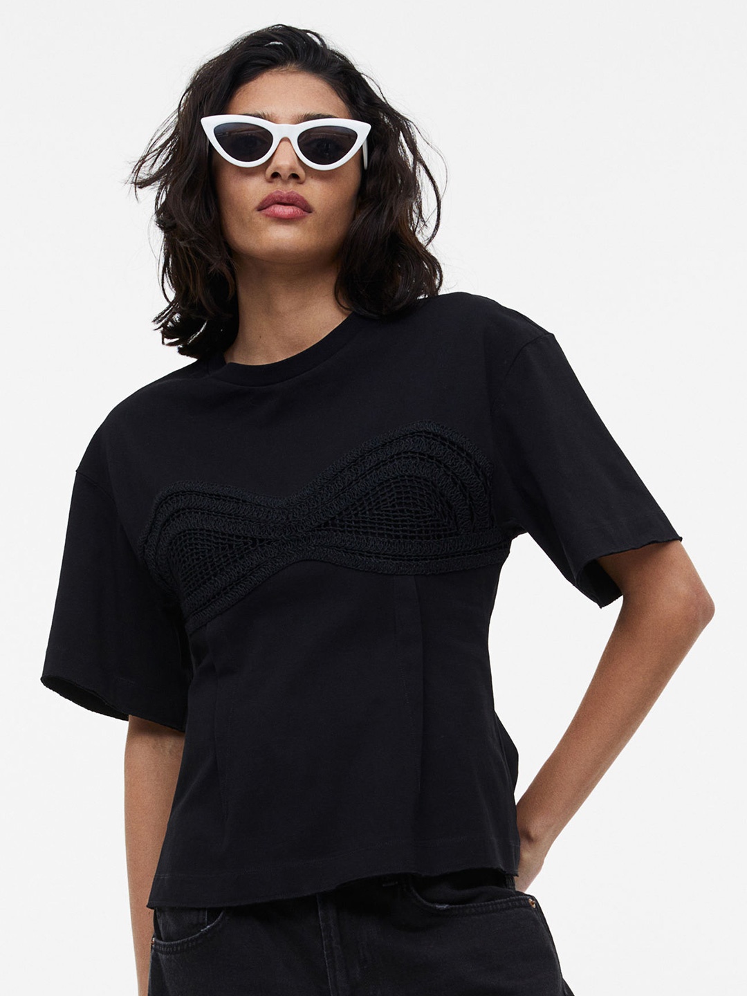 

H&M Crochet-detail T-shirt, Black