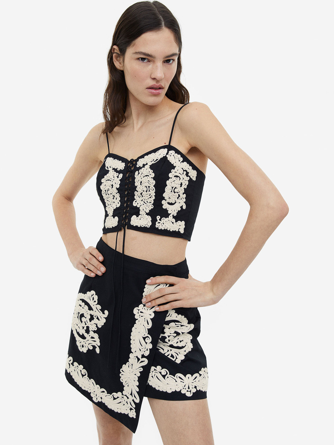 

H&M Embroidered A-line Skirt, Black