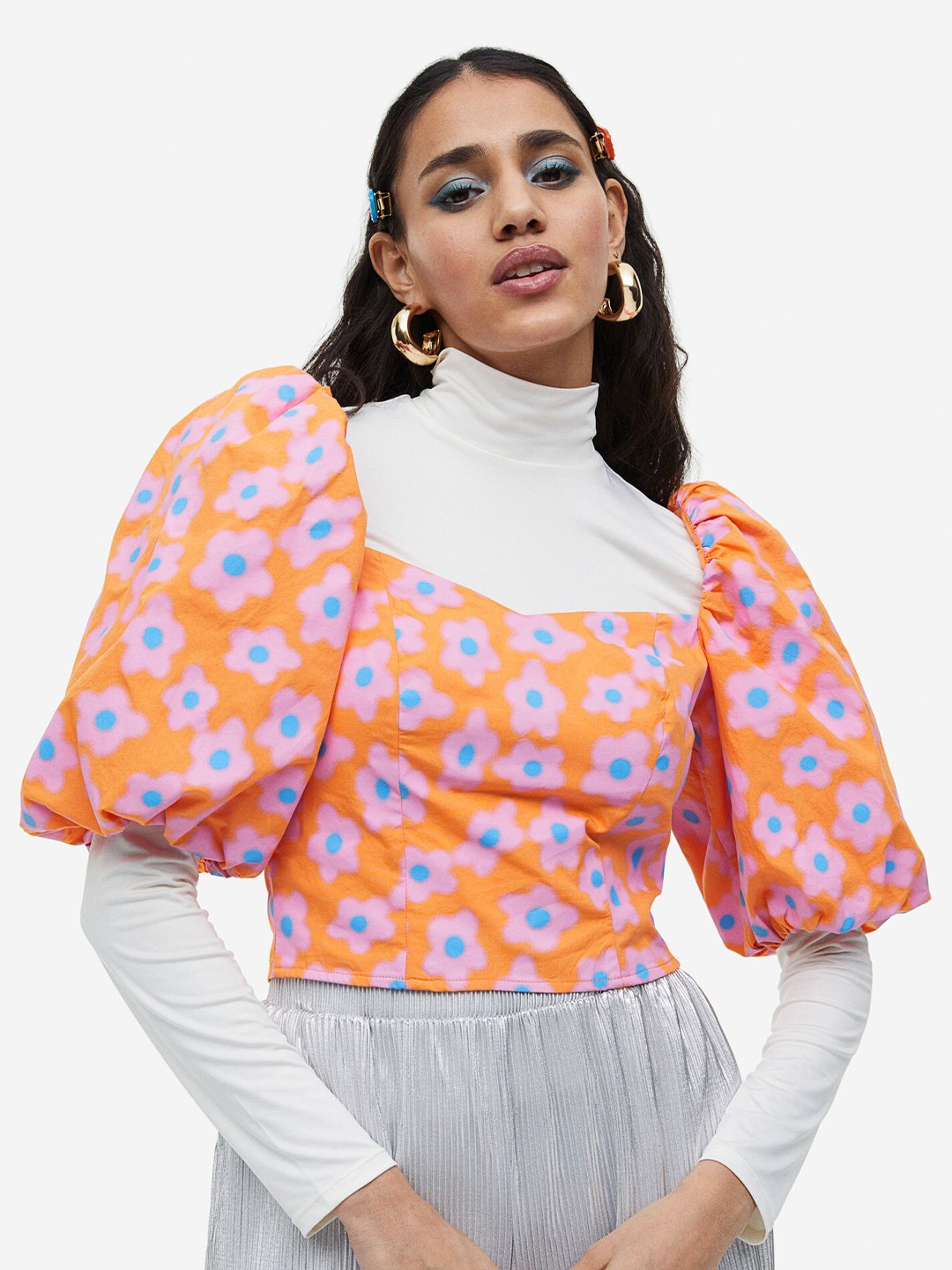 

H&M Printed Puff-sleeved Poplin Blouse, Orange