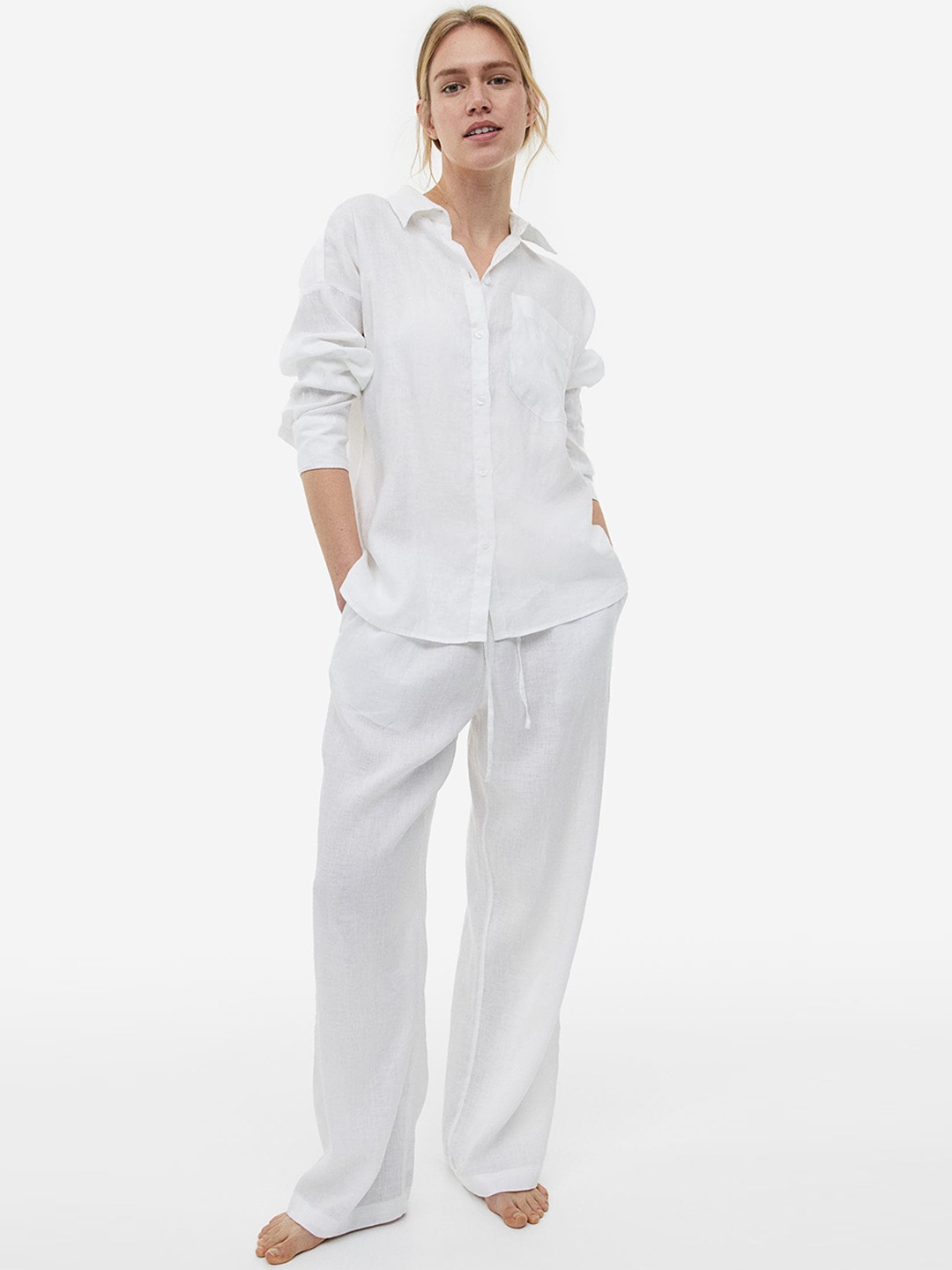 

H&M Wide Linen-Blend Trousers, White