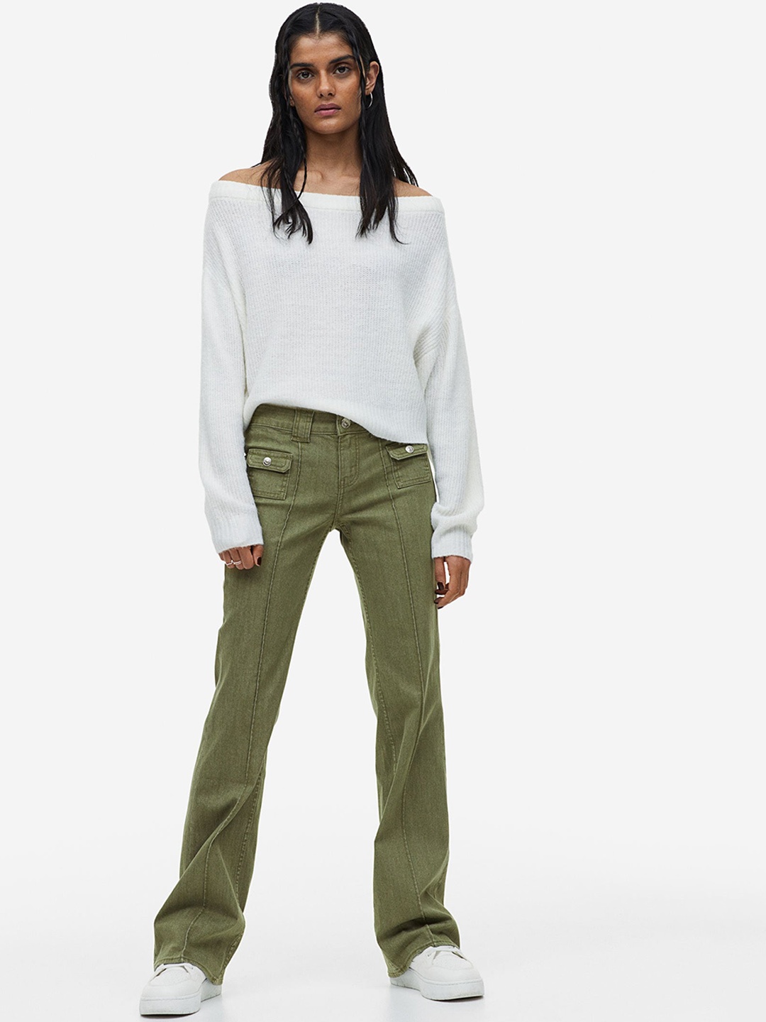 

H&M Flared Cargo Trousers, Green