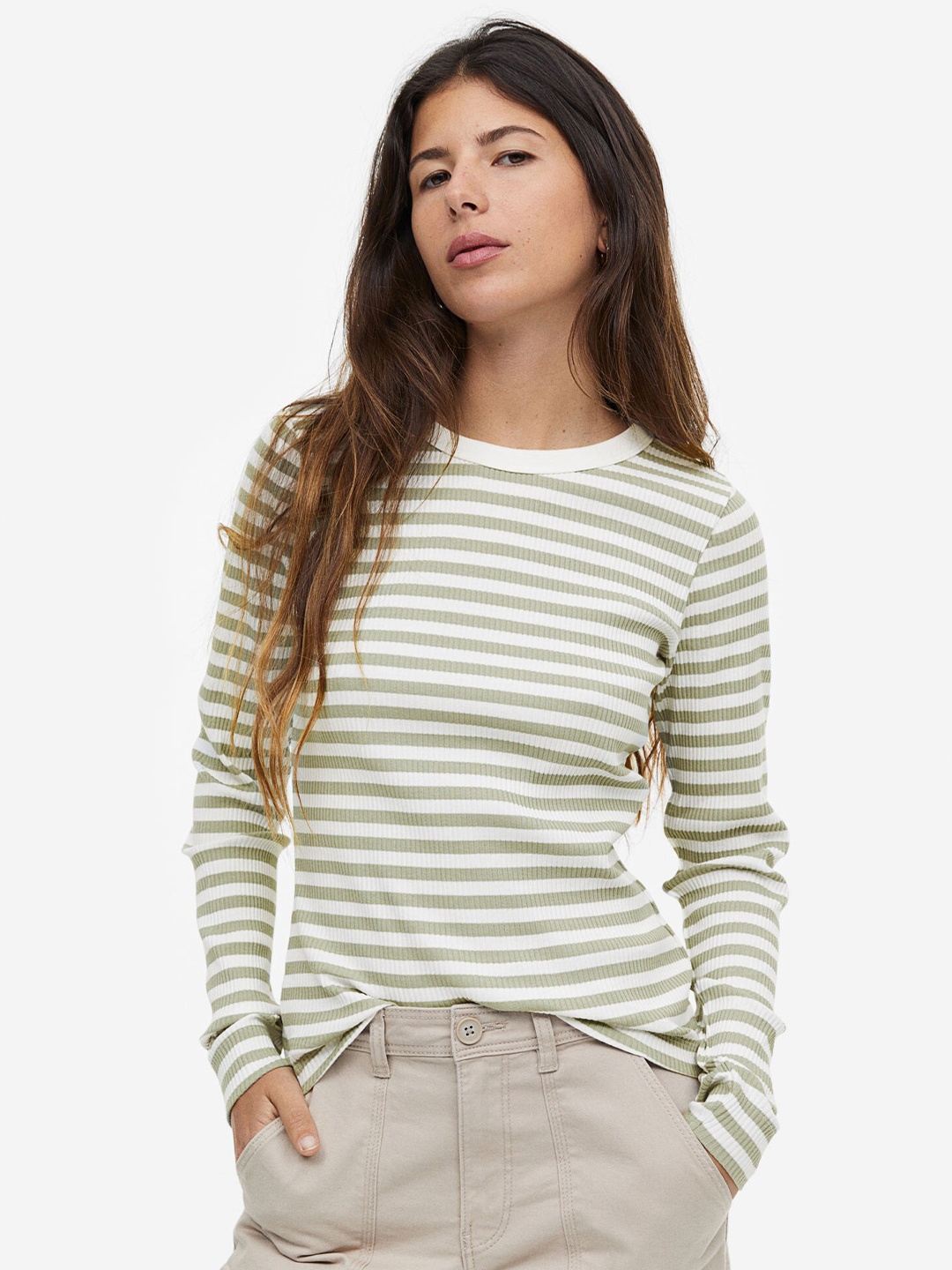 

H&M Striped Ribbed Top, Green