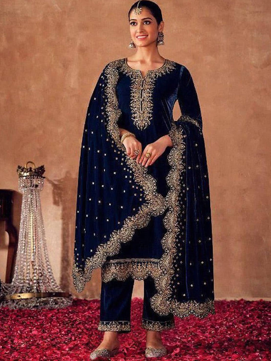 

ODETTE Women Blue Floral Embroidered Velvet Kurta with Trousers & With Dupatta