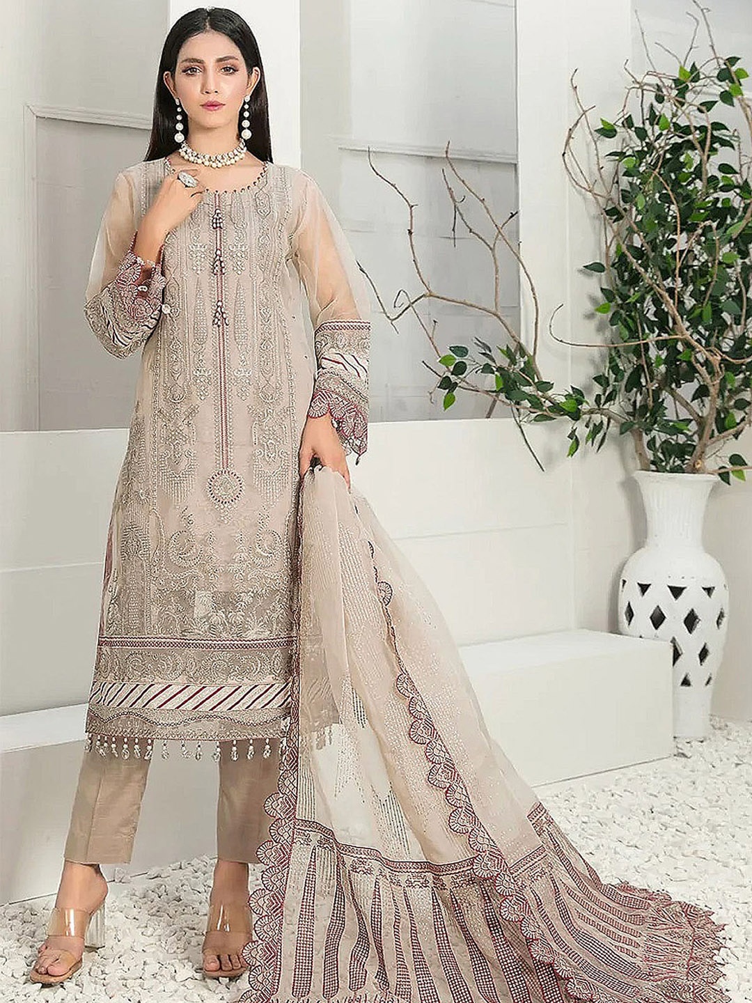 

ODETTE Women Beige Embroidered Kurta with Trousers & With Dupatta