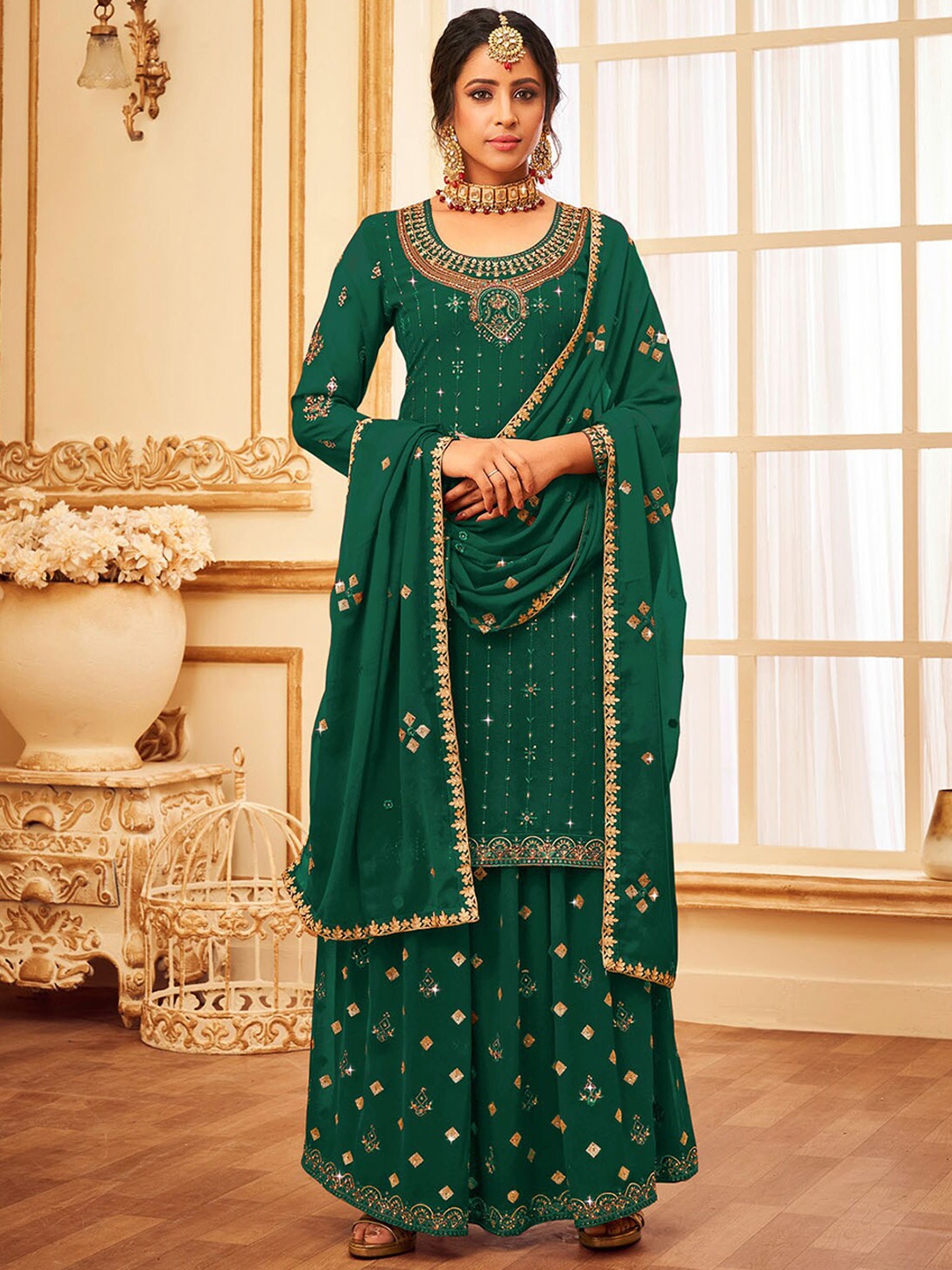 

ODETTE Women Green Floral Embroidered Kurta with Sharara & With Dupatta