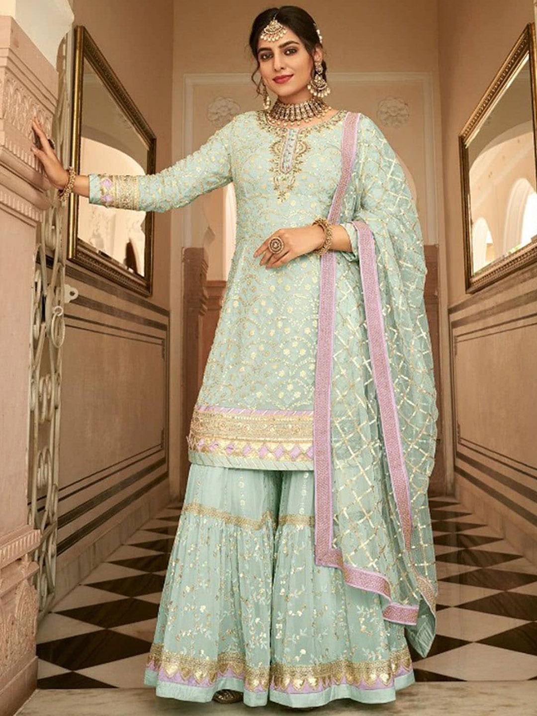 

ODETTE Women Green Floral Embroidered Sequinned Kurta with Sharara & With Dupatta