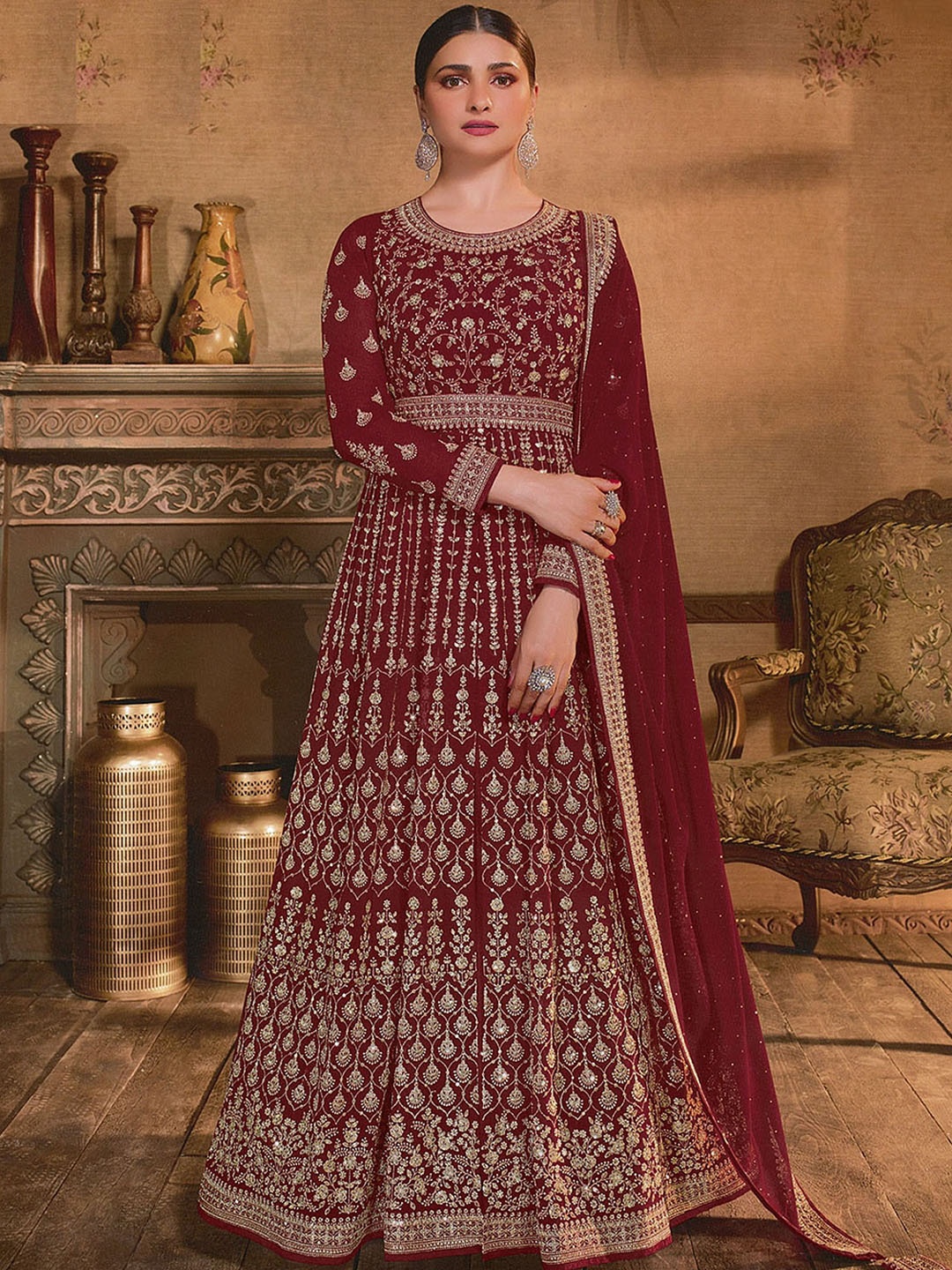 

ODETTE Women Maroon Embroidered Thread Work Top with Skirt & With Dupatta