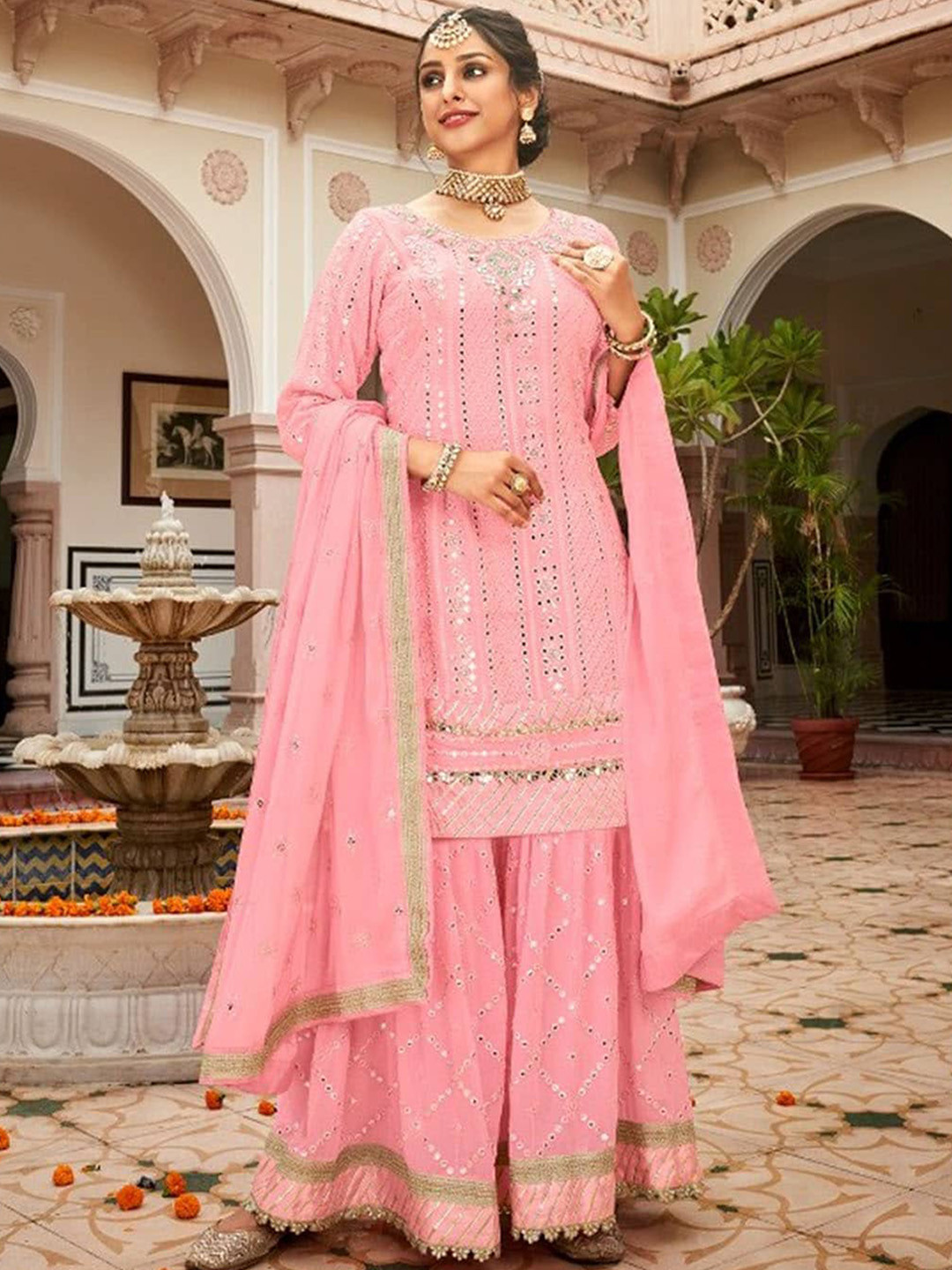 

ODETTE Women Pink Ethnic Motifs Embroidered Sequinned Kurta with Sharara & With Dupatta