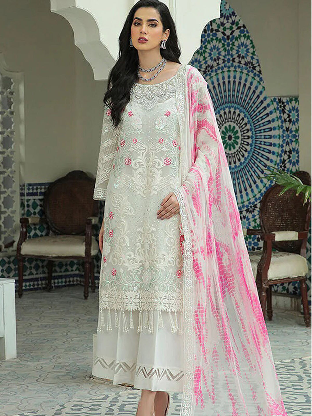 

ODETTE Women White Floral Embroidered Sequinned Kurta with Trousers & With Dupatta