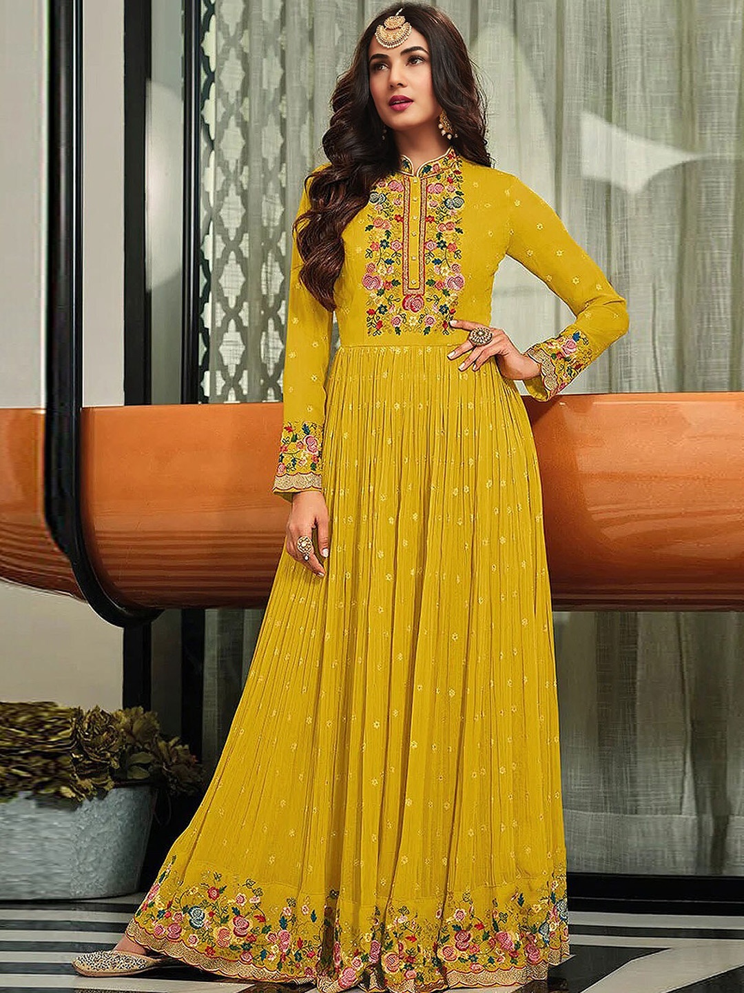 

ODETTE Embroidered Semi-Stitched Dress Material, Yellow