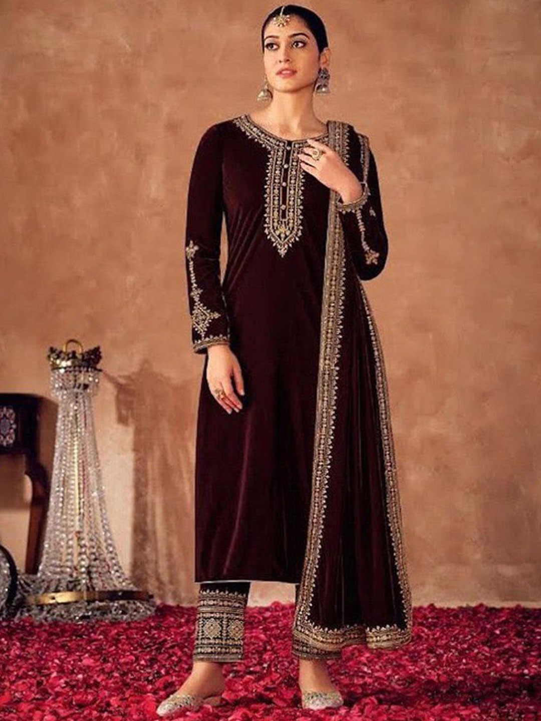 

ODETTE Women Maroon Floral Embroidered Velvet Kurta with Trousers & With Dupatta
