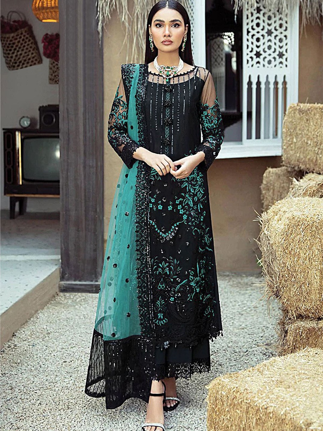 

ODETTE Embroidered Semi-Stitched Dress Material, Black